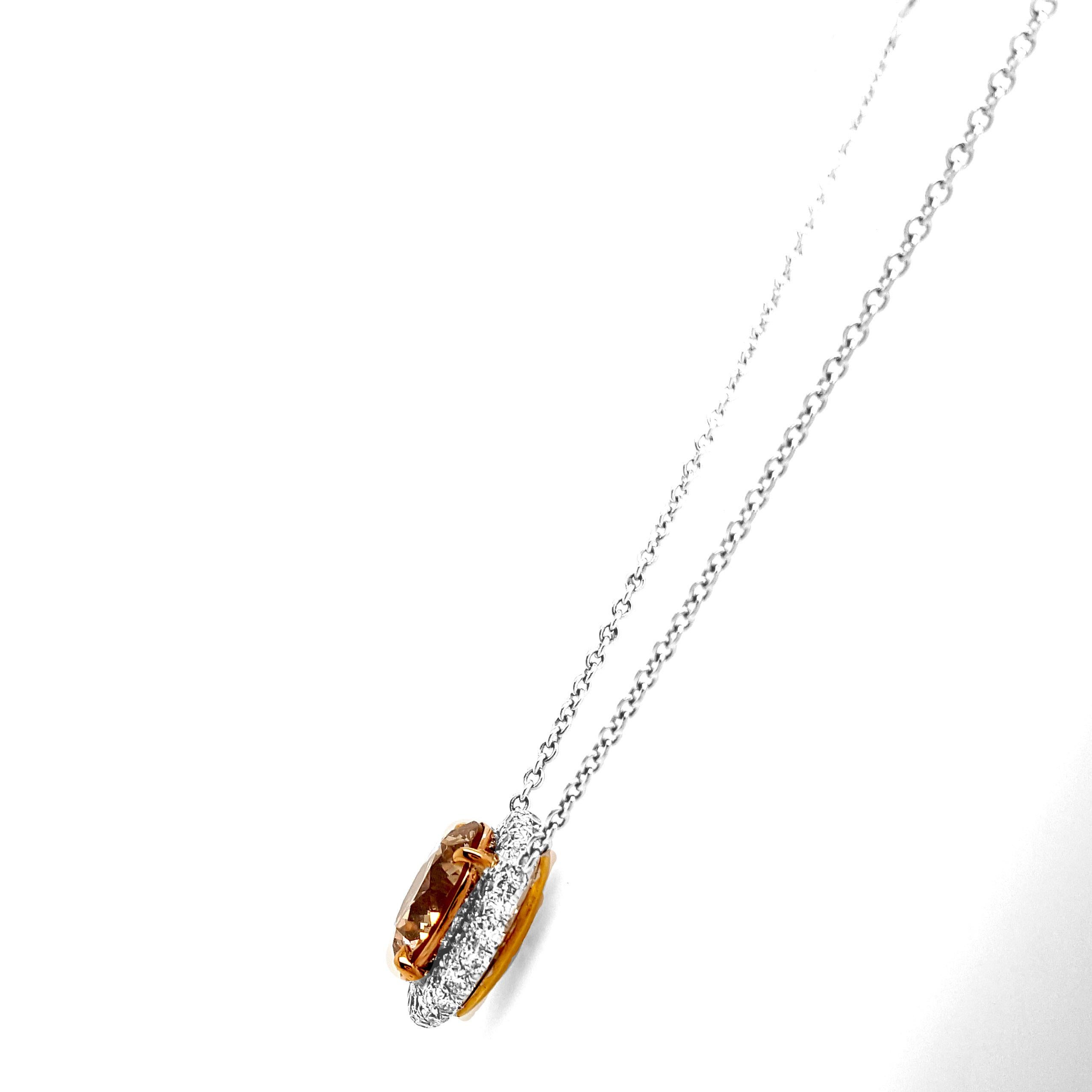 Contemporary 2.53 Carat Round Brilliant Brown Diamond Halo Pendant Necklace, Set in 18K Gold. For Sale