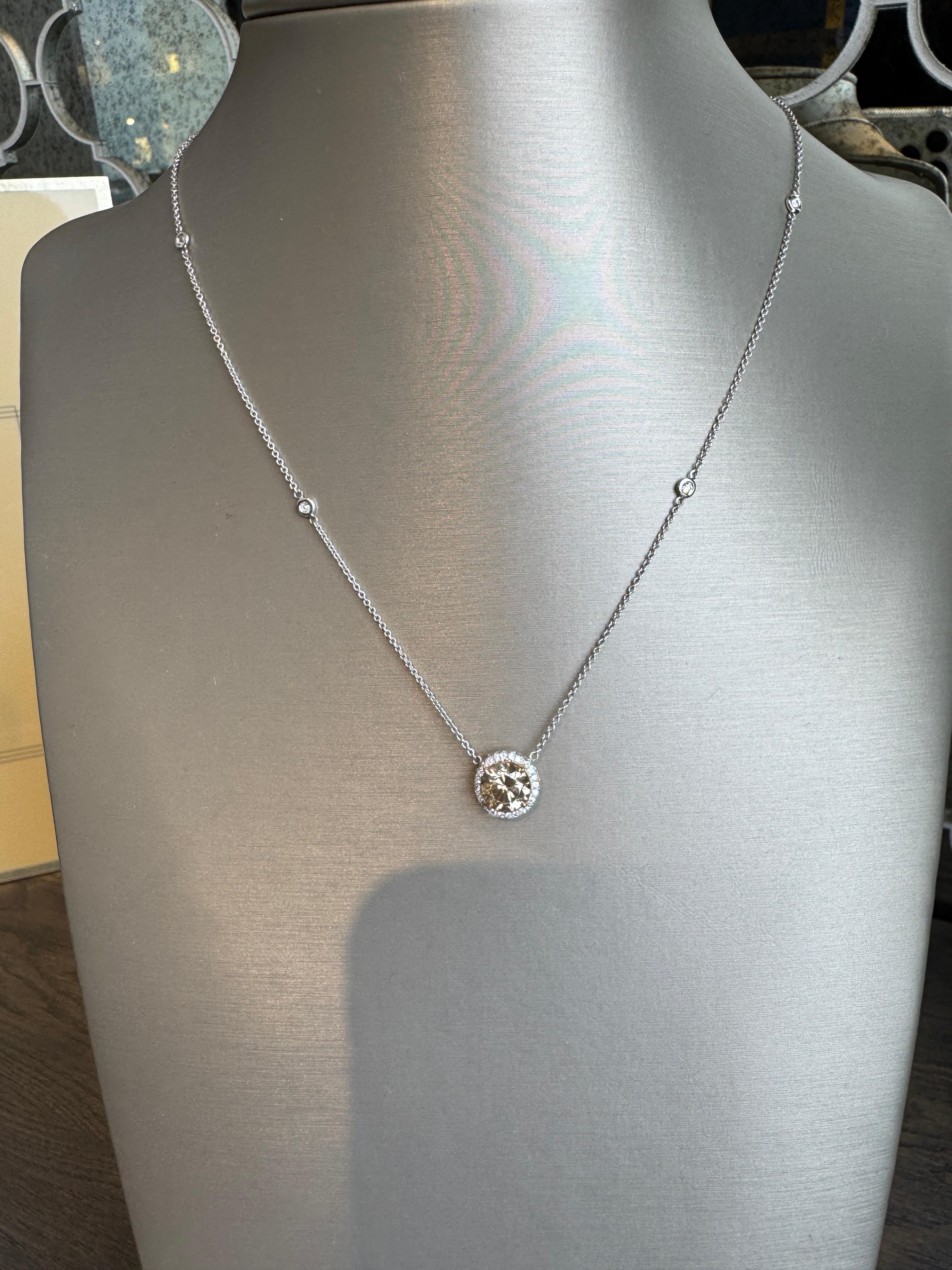 Round Cut 2.53 Carat Round Brilliant Brown Diamond Halo Pendant Necklace, Set in 18K Gold. For Sale