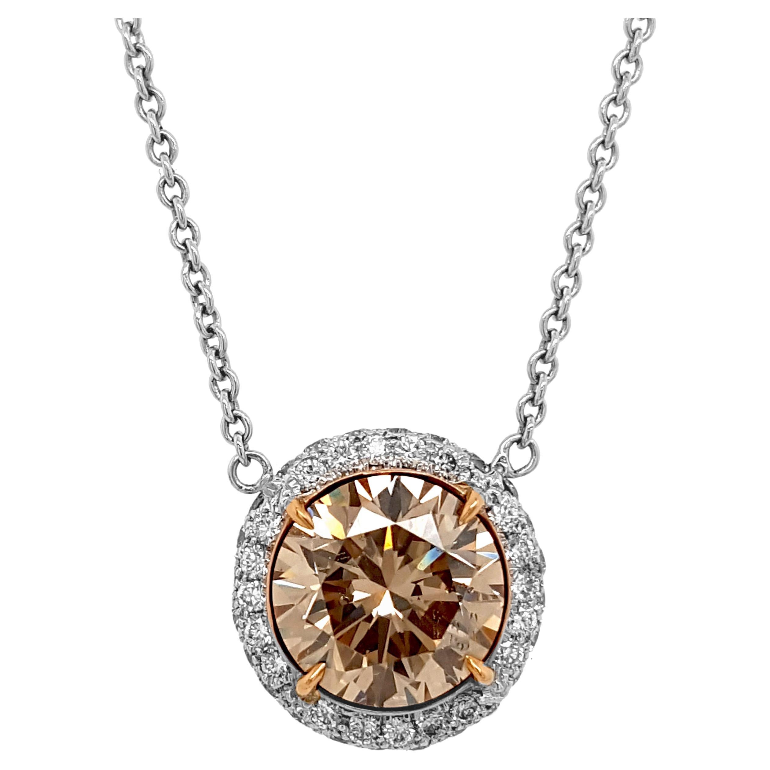 2.53 Carat Round Brilliant Brown Diamond Halo Pendant Necklace, Set in 18K Gold. For Sale
