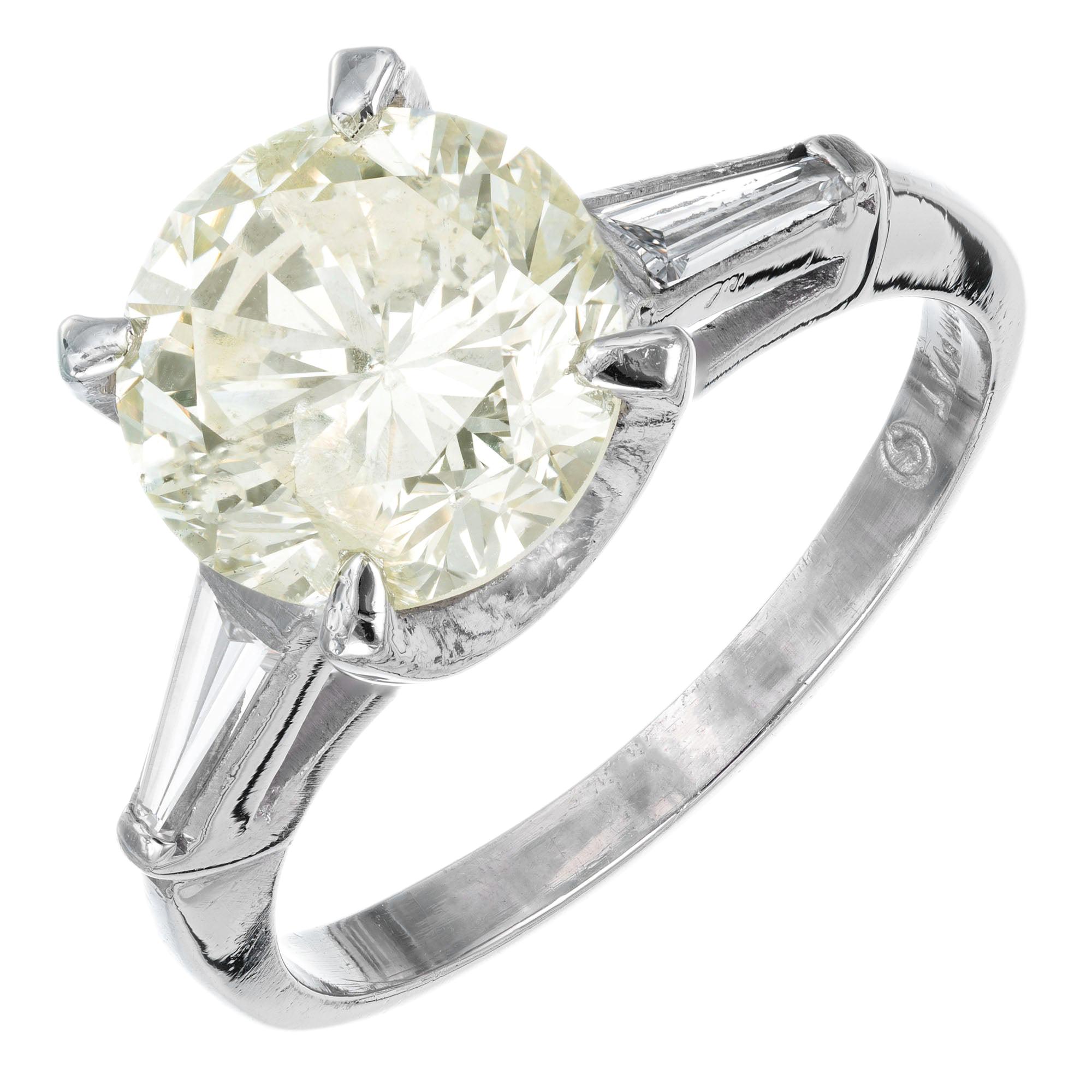 2.53 Carat Round Cut Baguette Diamond Three-Stone Platinum Engagement Ring For Sale