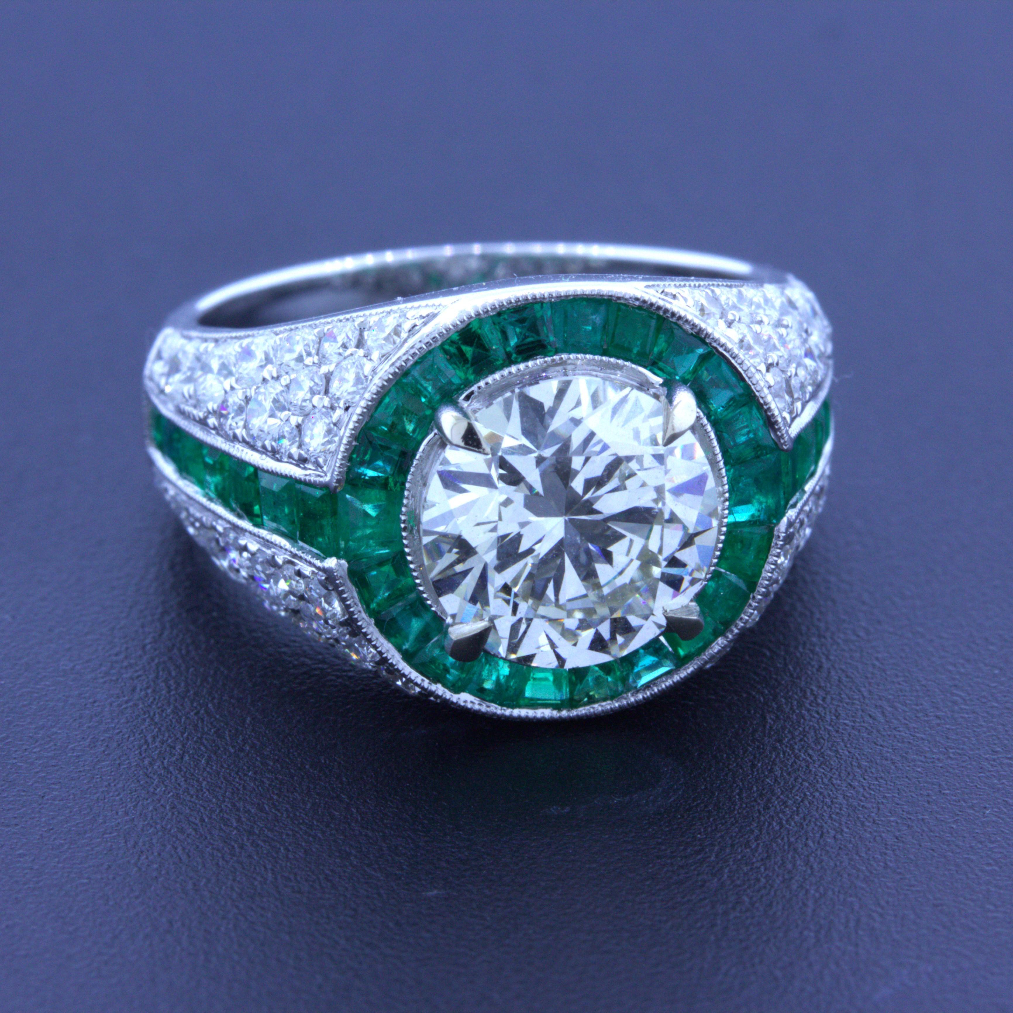 Round Cut 2.53 Carat Round-Diamond Emerald 18k White Gold Engagement Ring