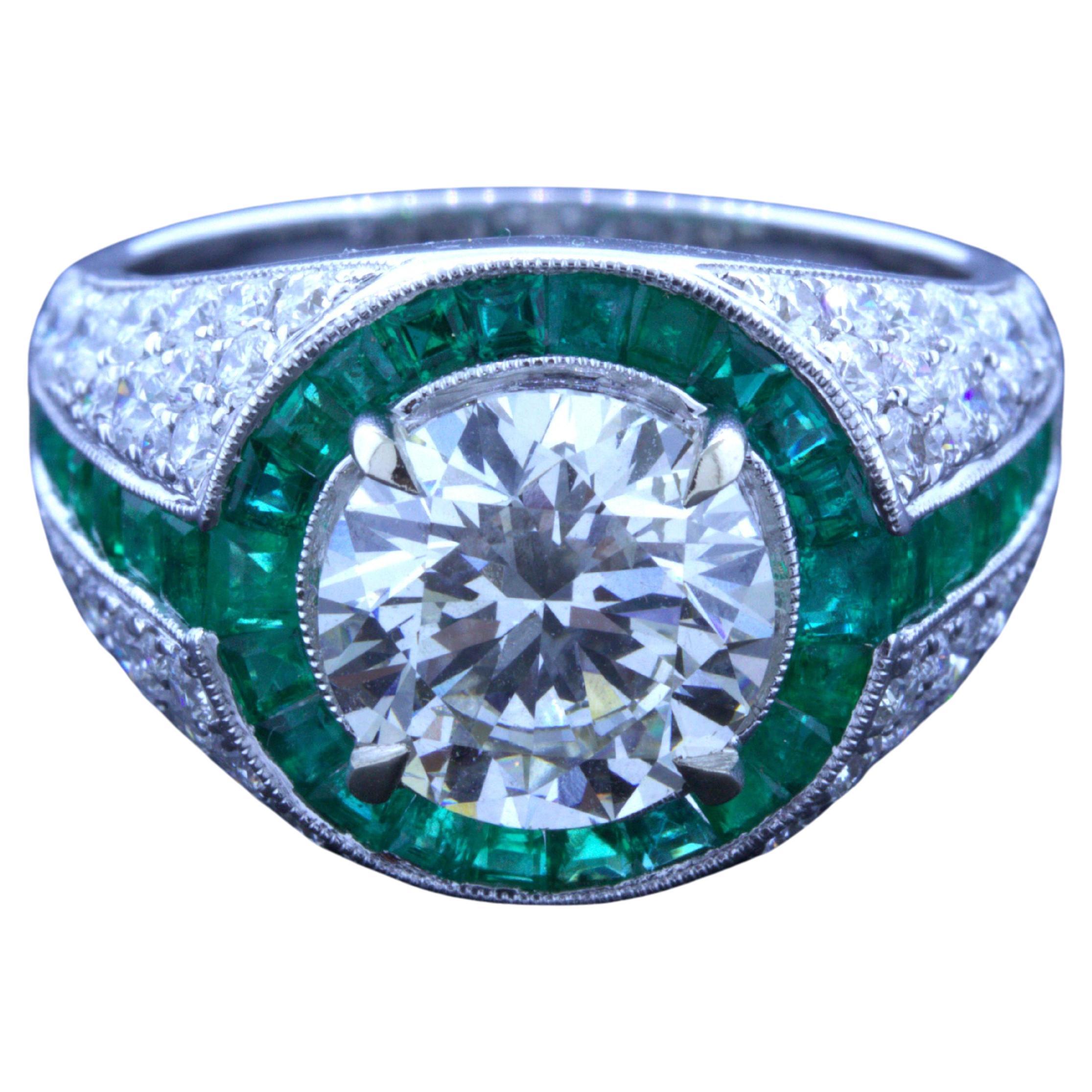 2.53 Carat Round-Diamond Emerald 18k White Gold Engagement Ring