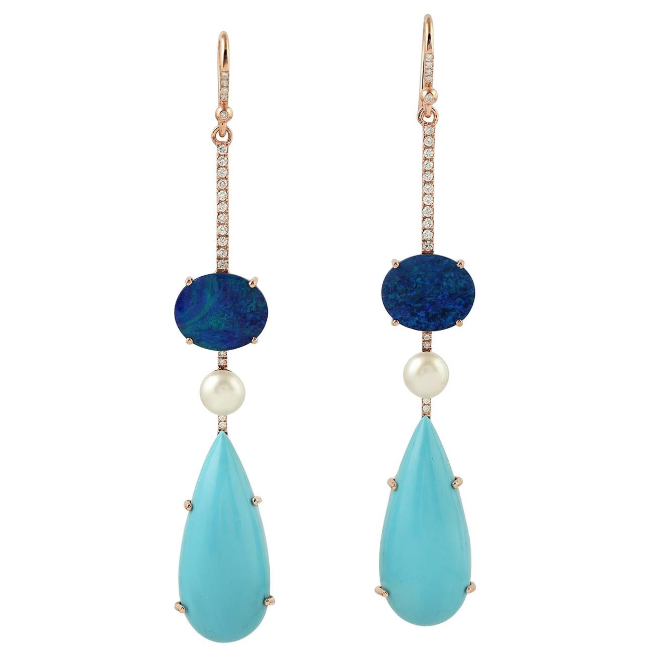 25.3 Carat Turquoise Opal Diamond 18 Karat Gold Linear Earrings