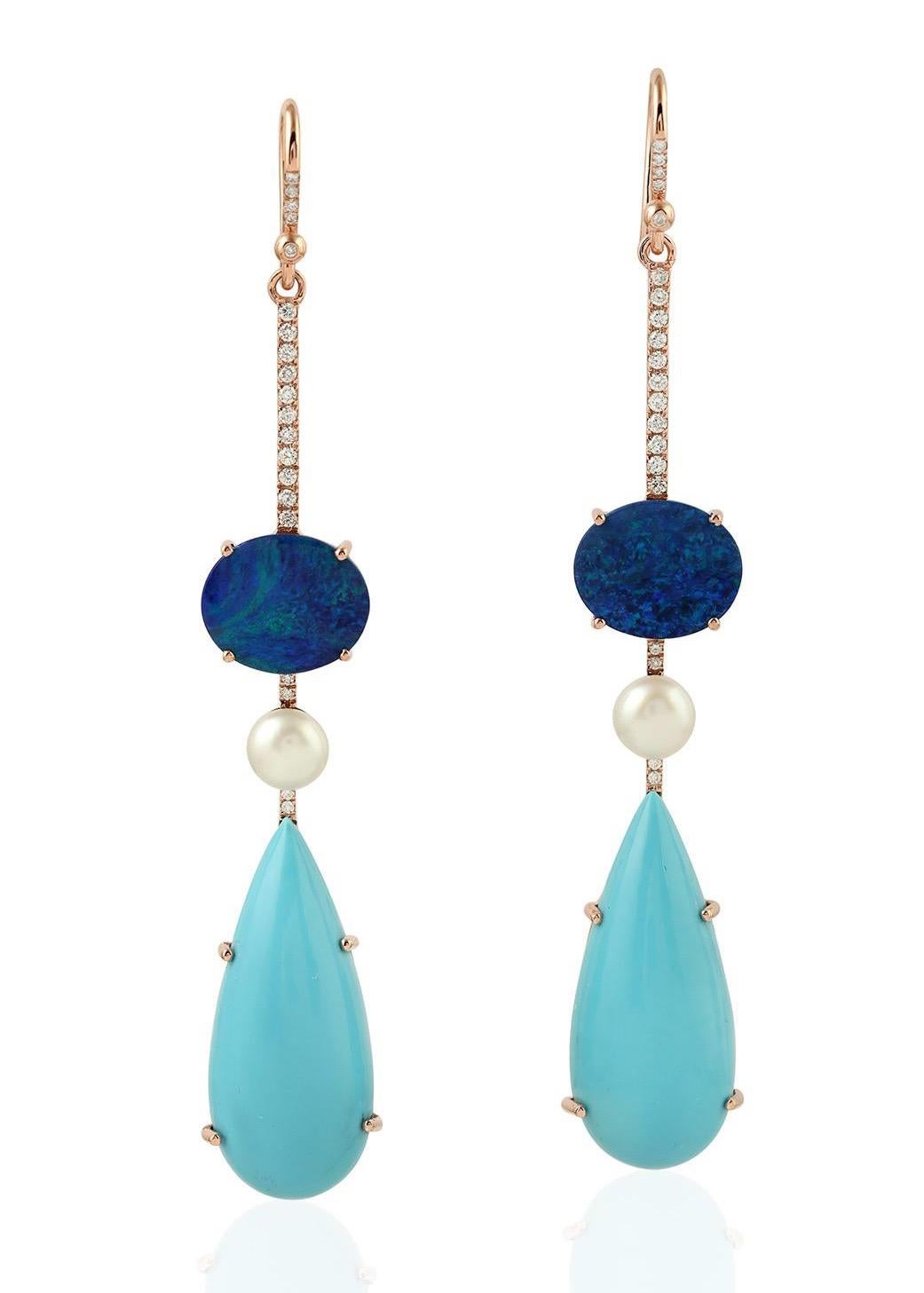 Contemporary 25.3 Carat Turquoise Opal Diamond 18 Karat Gold Linear Earrings For Sale