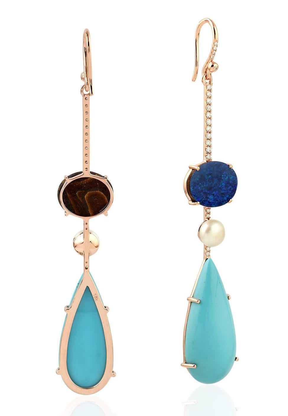 Mixed Cut 25.3 Carat Turquoise Opal Diamond 18 Karat Gold Linear Earrings For Sale