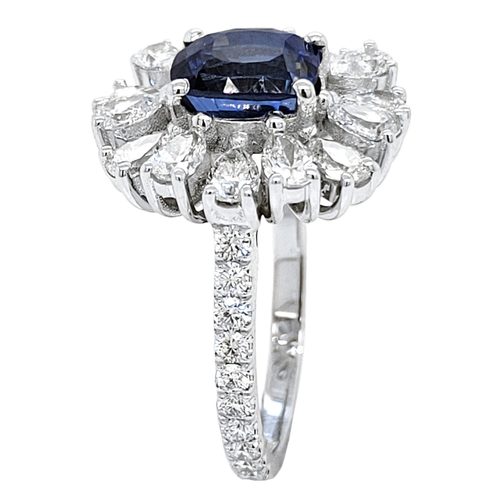 Contemporary 2.53 Ct Cushion Sapphire 18 K Pave Set Engagement Ring with Pear Shape Halo For Sale