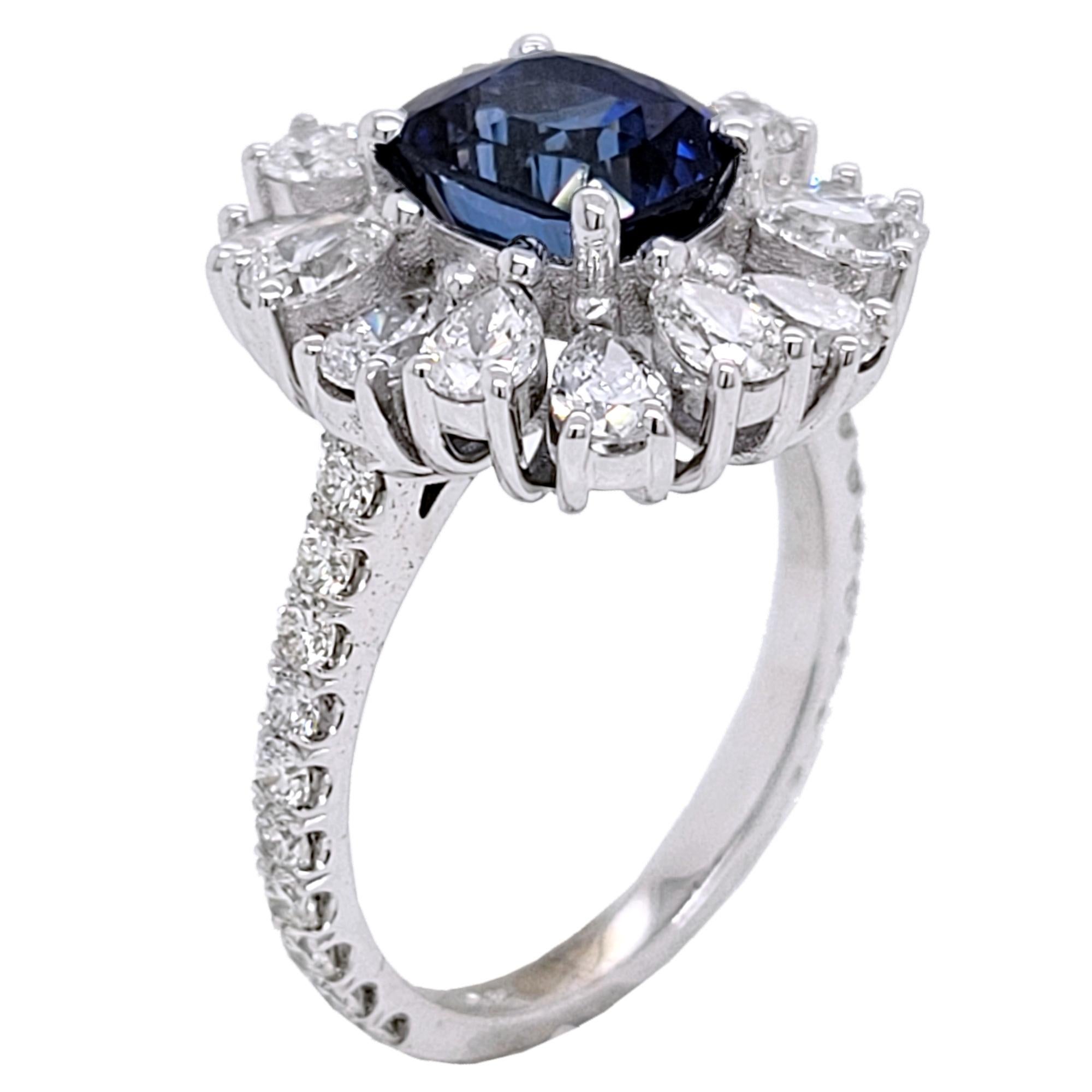 Cushion Cut 2.53 Ct Cushion Sapphire 18 K Pave Set Engagement Ring with Pear Shape Halo For Sale