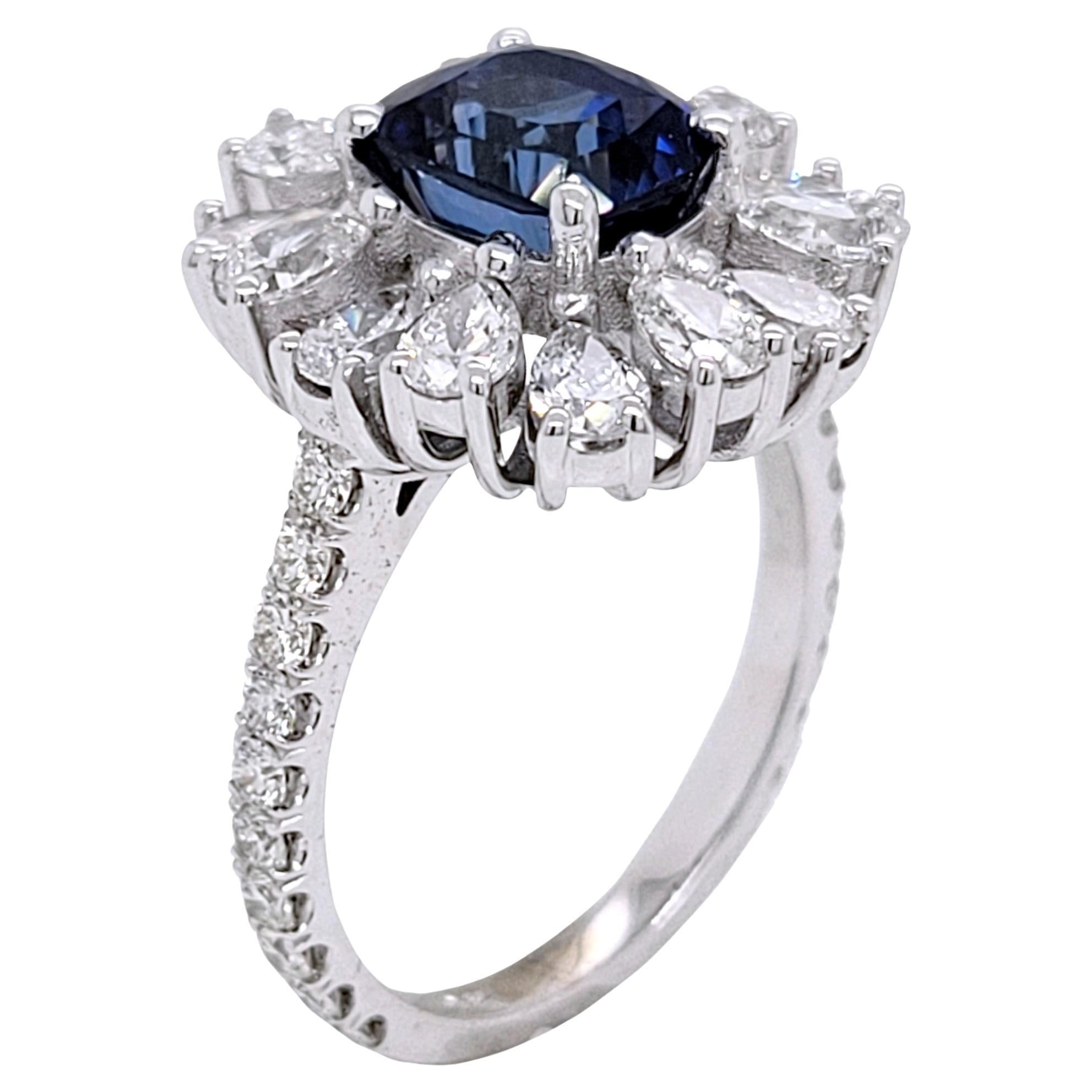 2.53 Ct Cushion Sapphire 18 K Pave Set Engagement Ring with Pear Shape Halo For Sale