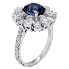 2.53 Ct Cushion Sapphire 18 K Pave Set Engagement Ring with Pear Shape Halo