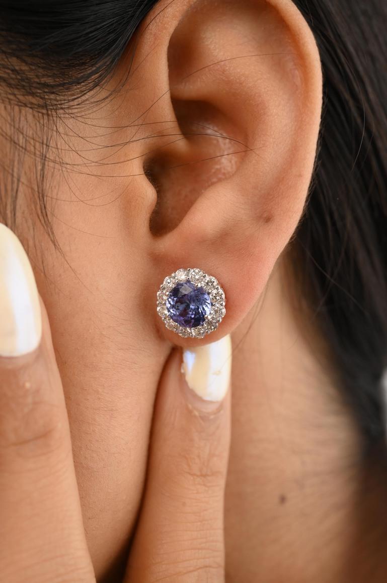 Round Cut 2.53 CTW Tanzanite Diamond Stud Earrings 18k Solid White Gold, Christmas Gift For Sale
