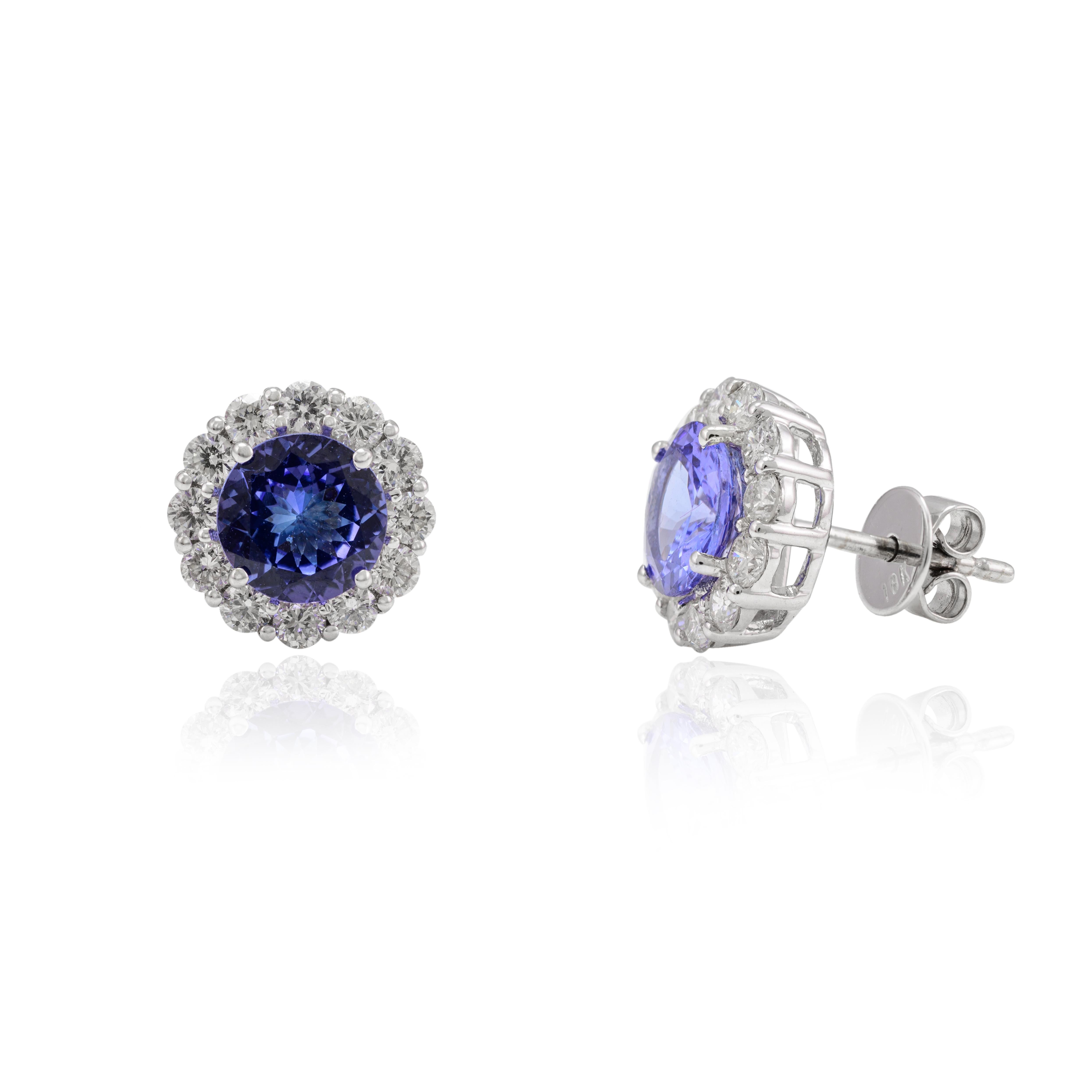 2.53 CTW Tanzanite Diamond Stud Earrings 18k Solid White Gold, Christmas Gift In New Condition For Sale In Houston, TX