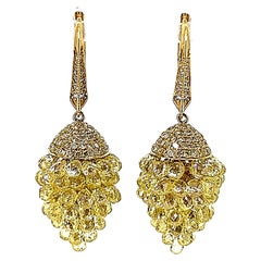 25.30 Carat Briolette Yellow Diamond and Diamond Earrings on 18K Yellow Gold