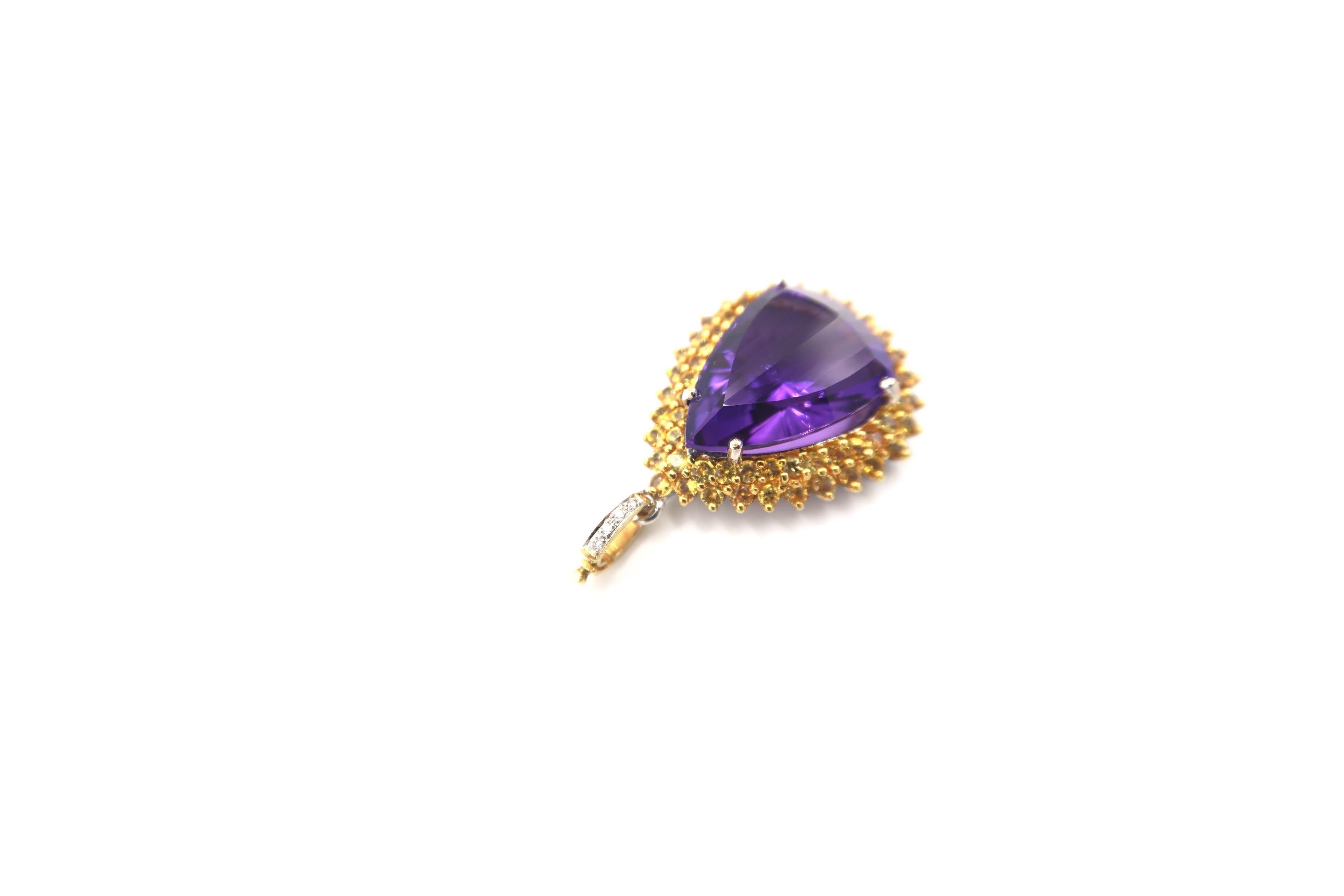 25.33 Carat Amethyst Drop Pendant Yellow Sapphire Diamond Gold 'Pendant Only' In New Condition For Sale In Bangkok, TH