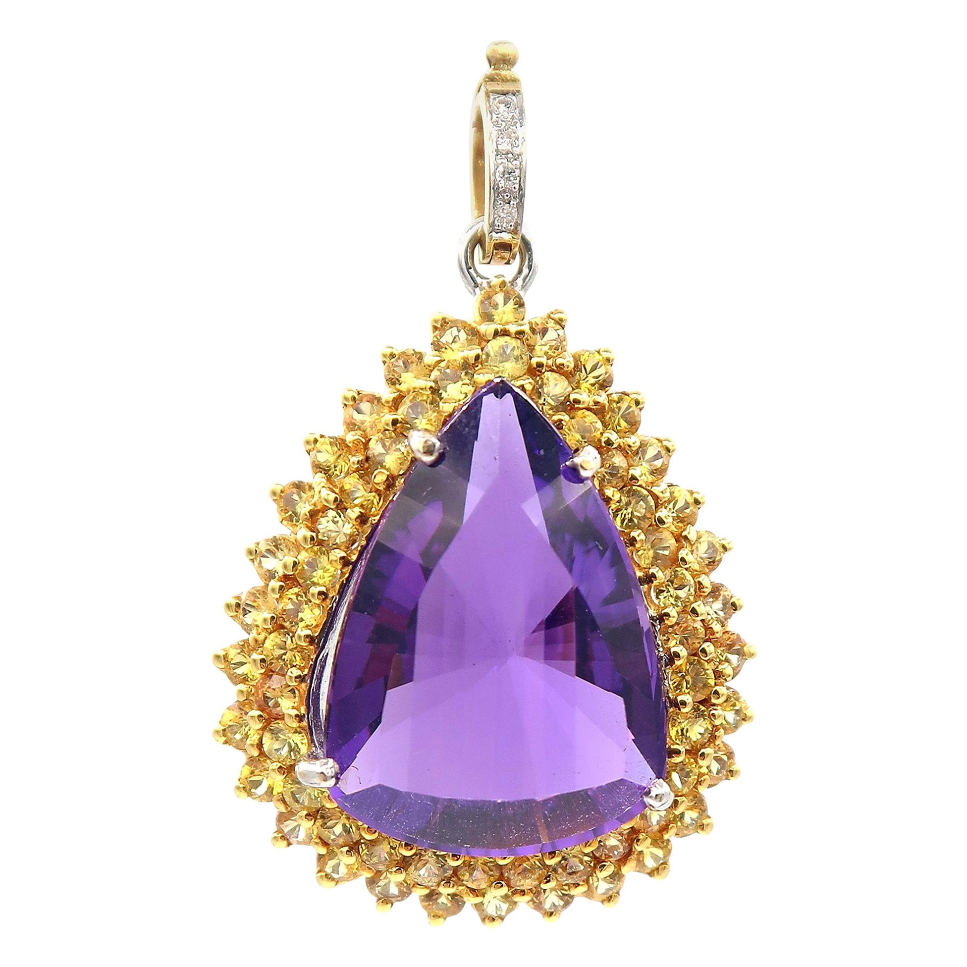 25.33 Carat Amethyst Drop Pendant Yellow Sapphire Diamond Gold 'Pendant Only' For Sale