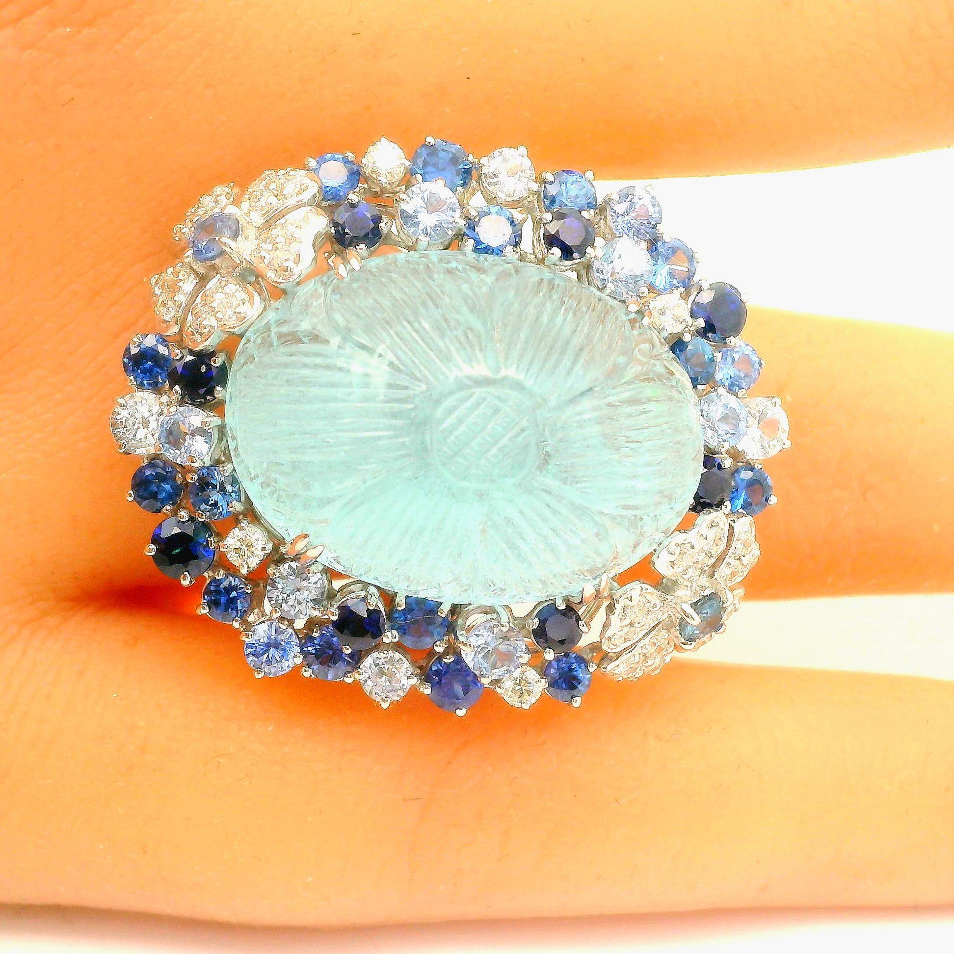 25.33 Carat Curved Aquamarine Diamond Sapphire 18k White Gold Floral Cocktail Ri In New Condition For Sale In Beverly Hills, CA