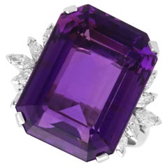 25.37 Carat Amethyst and 0.85 Carat Diamond 14k White Gold Ring Circa 1970