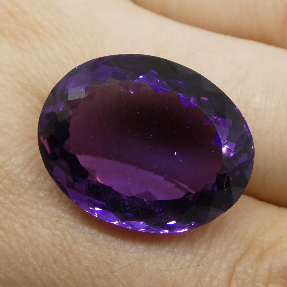 Description:

Gem Type: Amethyst
Number of Stones: 1
Weight: 25.37 cts
Measurements: 21.60x17.10x11.10 mm
Shape: Oval
Cutting Style Crown: Modified Brilliant
Cutting Style Pavilion: Modified Brilliant
Transparency: Transparent
Clarity: Very Slightly
