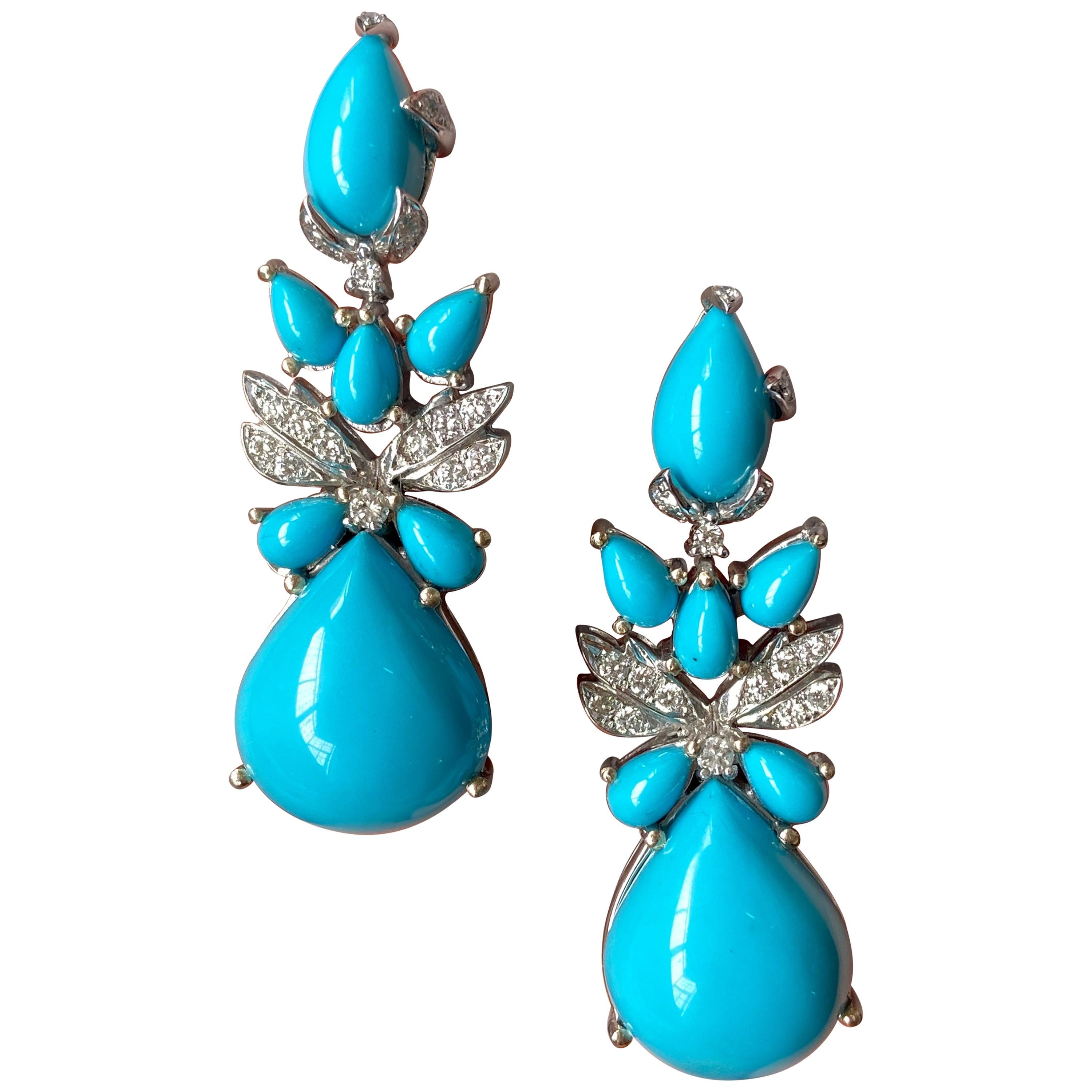 25.39 Carat Turquoise and Diamond 18 Karat White Gold Chandelier Earrings