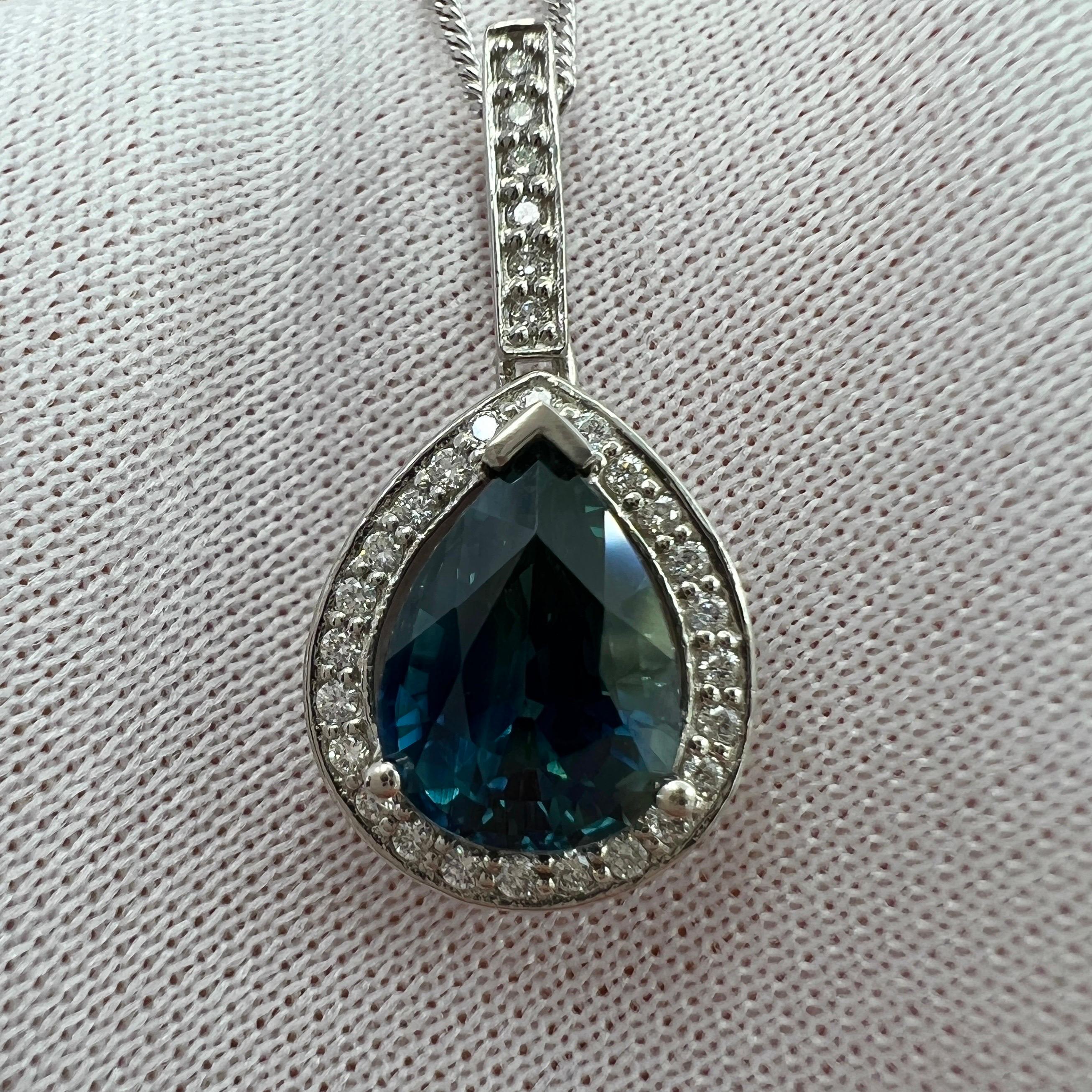 2.53ct Australian Green Blue Teal Pear Sapphire & Diamond Platinum Halo Pendant For Sale 3
