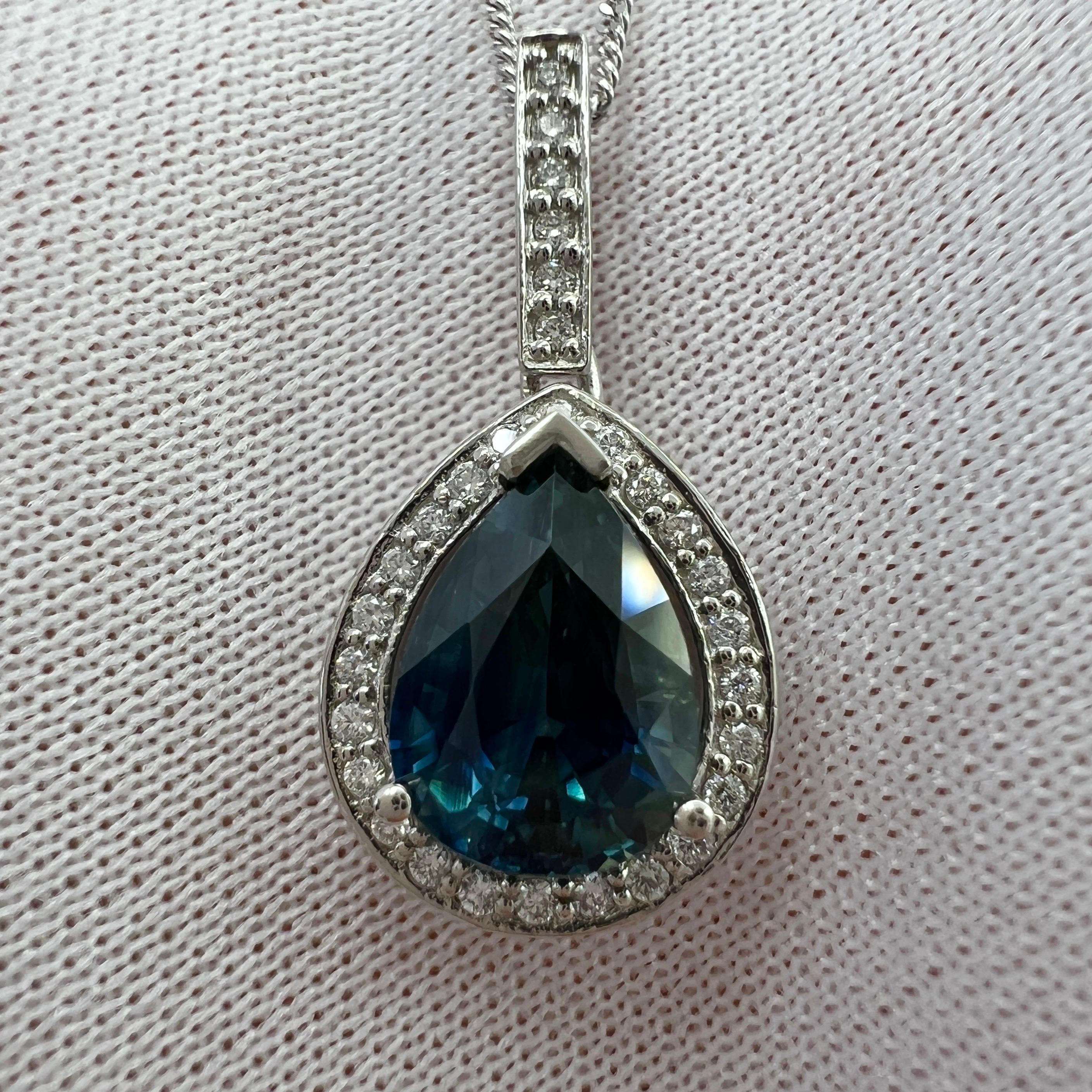 Women's or Men's 2.53ct Australian Green Blue Teal Pear Sapphire & Diamond Platinum Halo Pendant