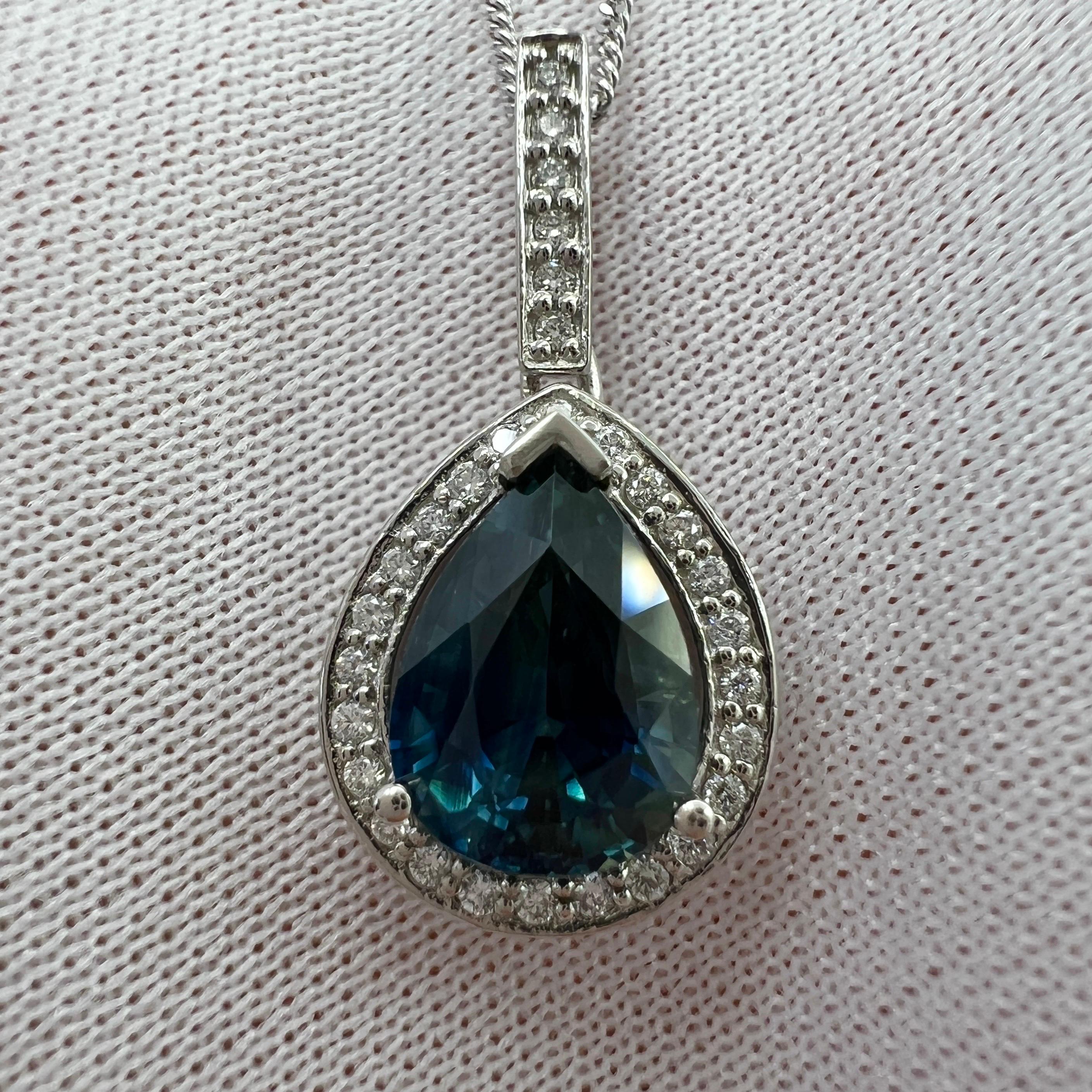 Women's or Men's 2.53ct Australian Green Blue Teal Pear Sapphire & Diamond Platinum Halo Pendant For Sale