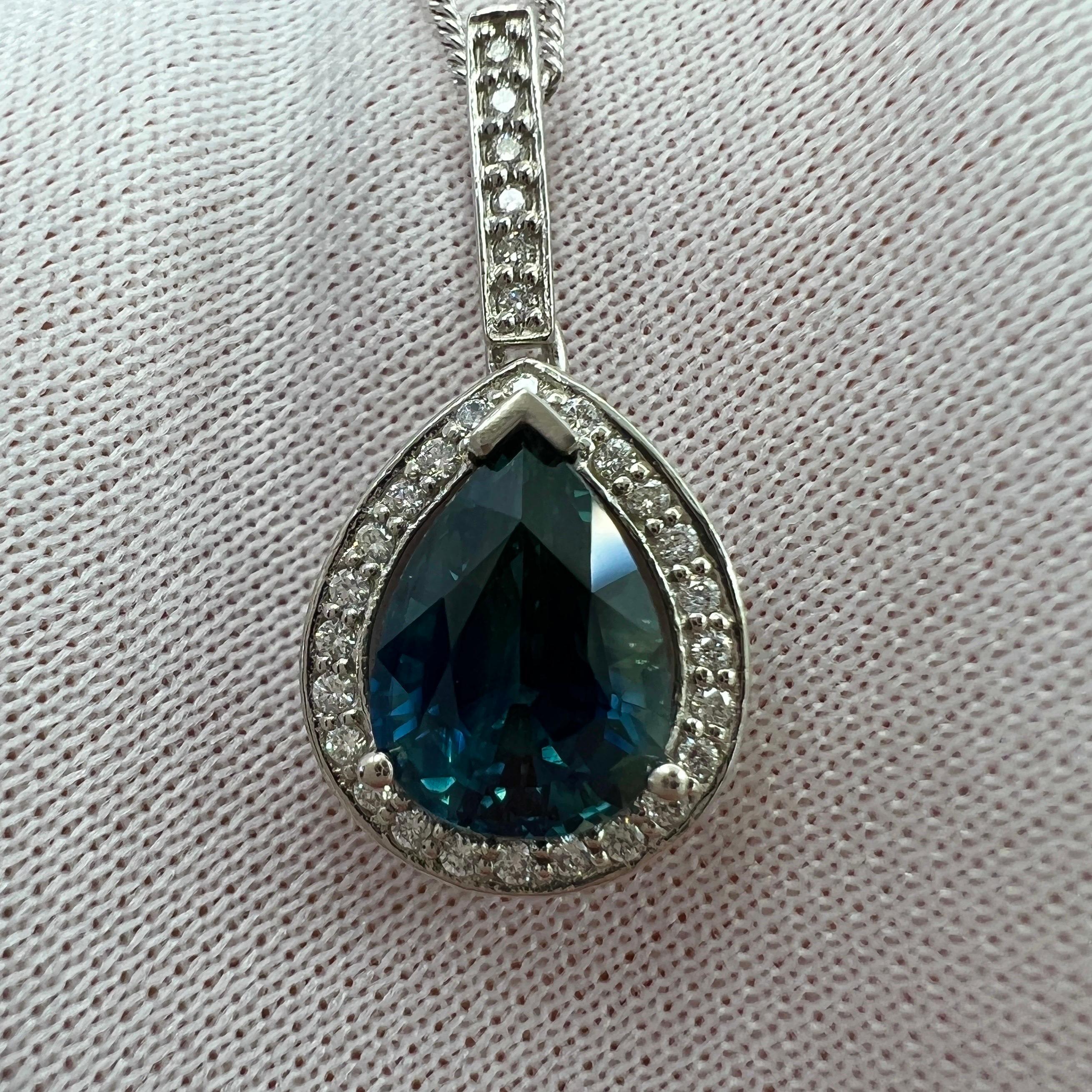 2.53ct Australian Green Blue Teal Pear Sapphire & Diamond Platinum Halo Pendant For Sale 2