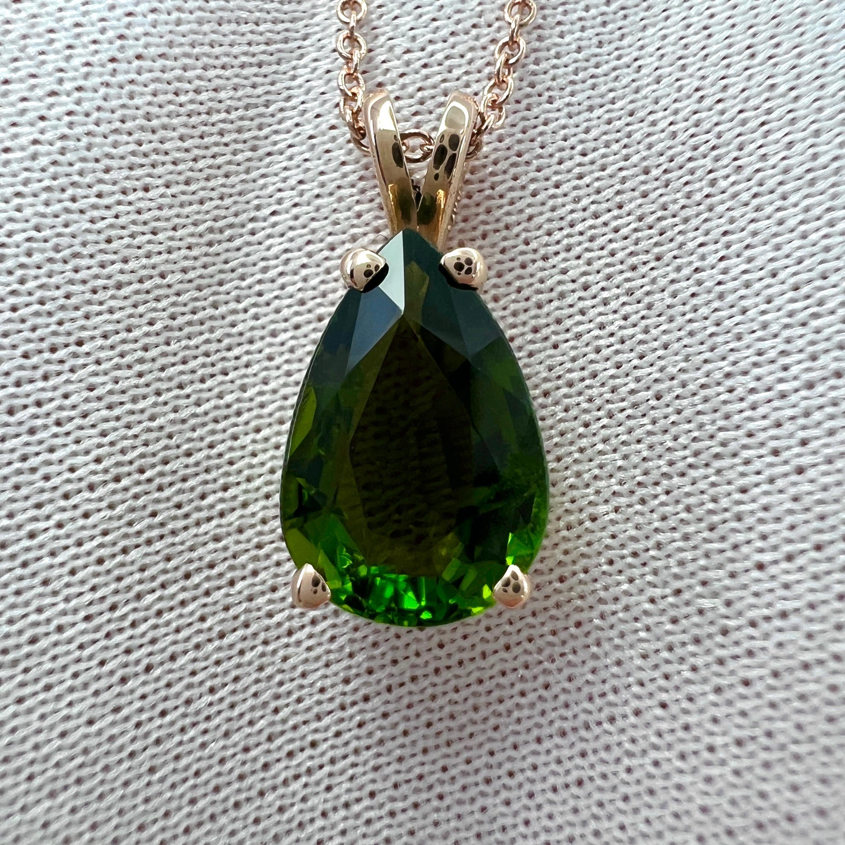 Natural Pear Teardrop Cut Green Tourmaline 14k Rose Gold Pendant Necklace. 

2.53 Carat green tourmaline with a beautiful deep green colour, excellent clarity and an excellent fancy pear cut.
Set in a fine 14k rose gold solitaire pendant.

The stone