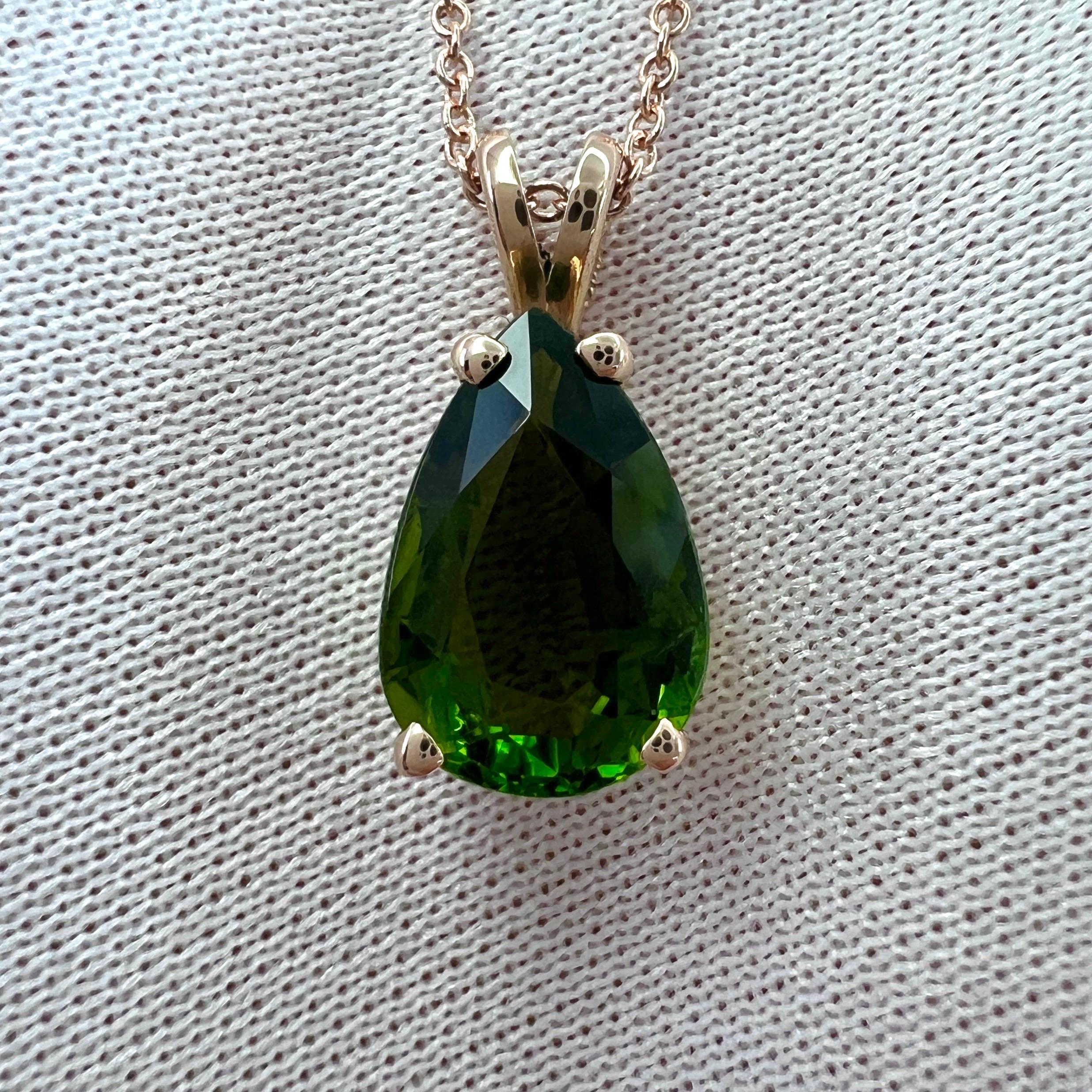 Women's or Men's 2.53ct Green Tourmaline Pear Teardrop Cut 14k Rose Gold Pendant Necklace For Sale