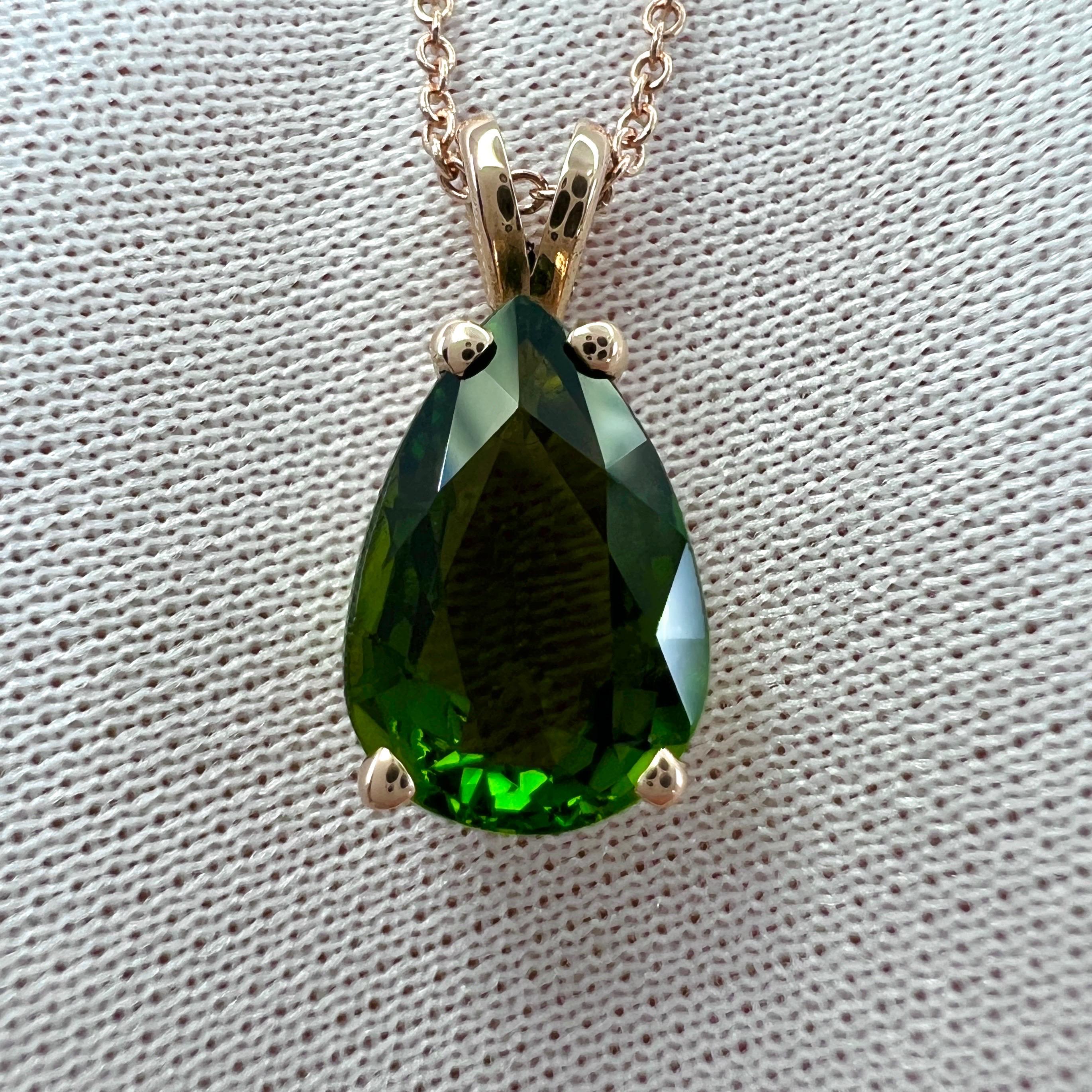 2.53ct Green Tourmaline Pear Teardrop Cut 14k Rose Gold Pendant Necklace For Sale 2
