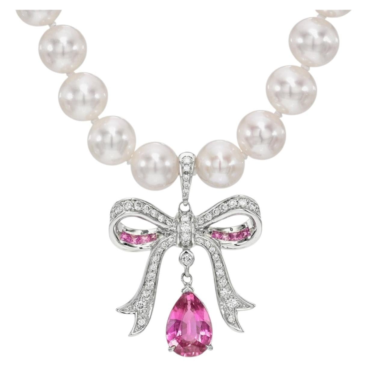2.53ct Pink Sapphire Diamond Bow Pearl Necklace in 18K White Gold