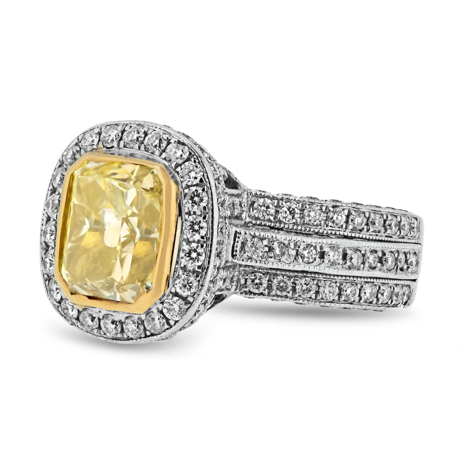 Modern 2.53ct Radiant Cut Fancy Light Yellow GIA Diamond Halo Engagement Ring For Sale
