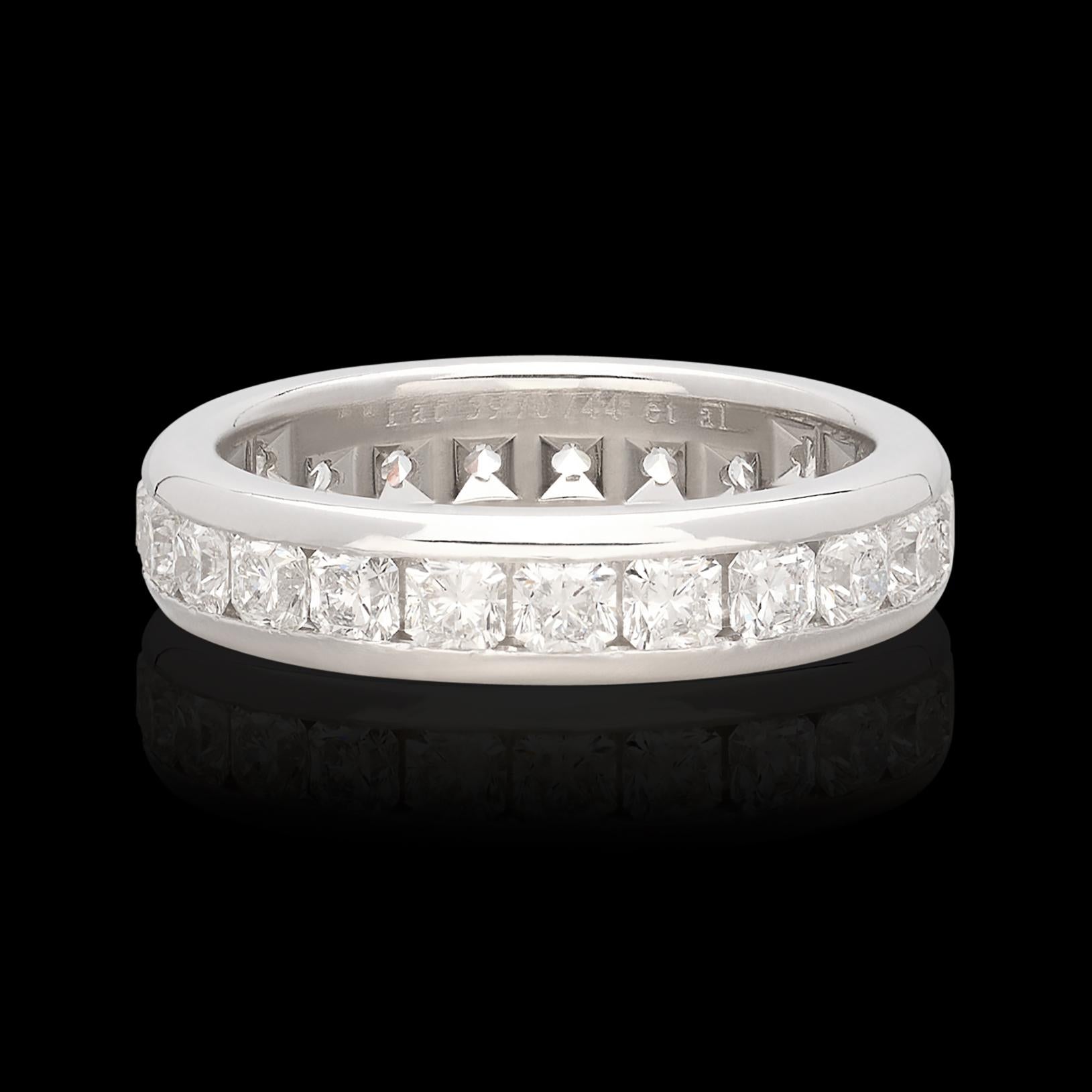 Of all the Tiffany wedding rings, perhaps the Lucida ring is their most beautiful. Classic and elegant, this Tiffany & Co band ring features 22 extremely well matched Radiant Cut diamonds channel set in a platinum ring size 7 1/2 (inquire regarding