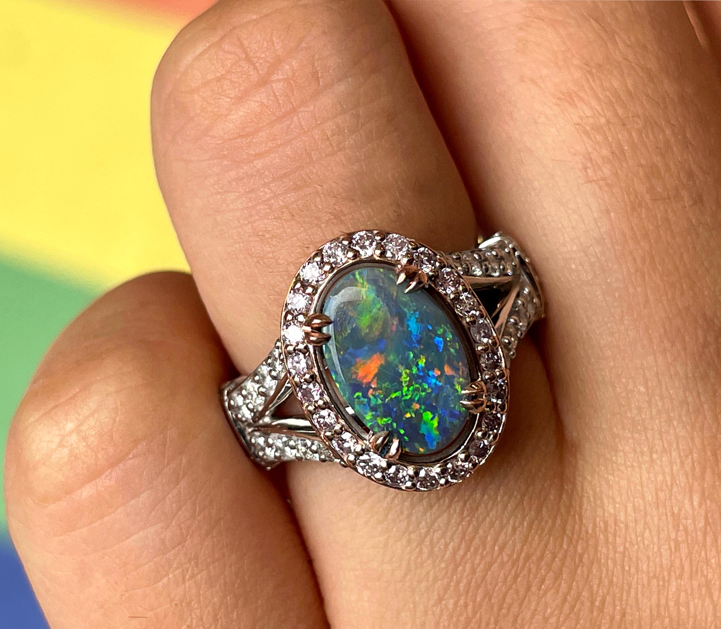 2.53ctw Australian Lighting Ridge Black Opal Pink White Diamonds Ruby 14k  Ring 1