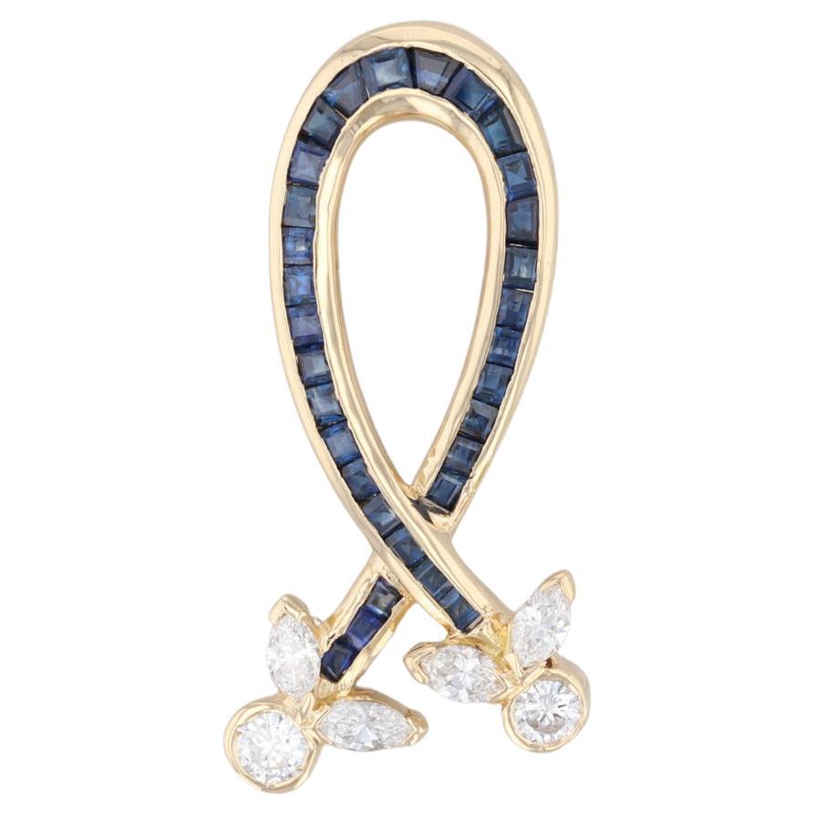 2.53ctw Blue Sapphire White Diamond Support Ribbon Pendant 18k Yellow Gold For Sale