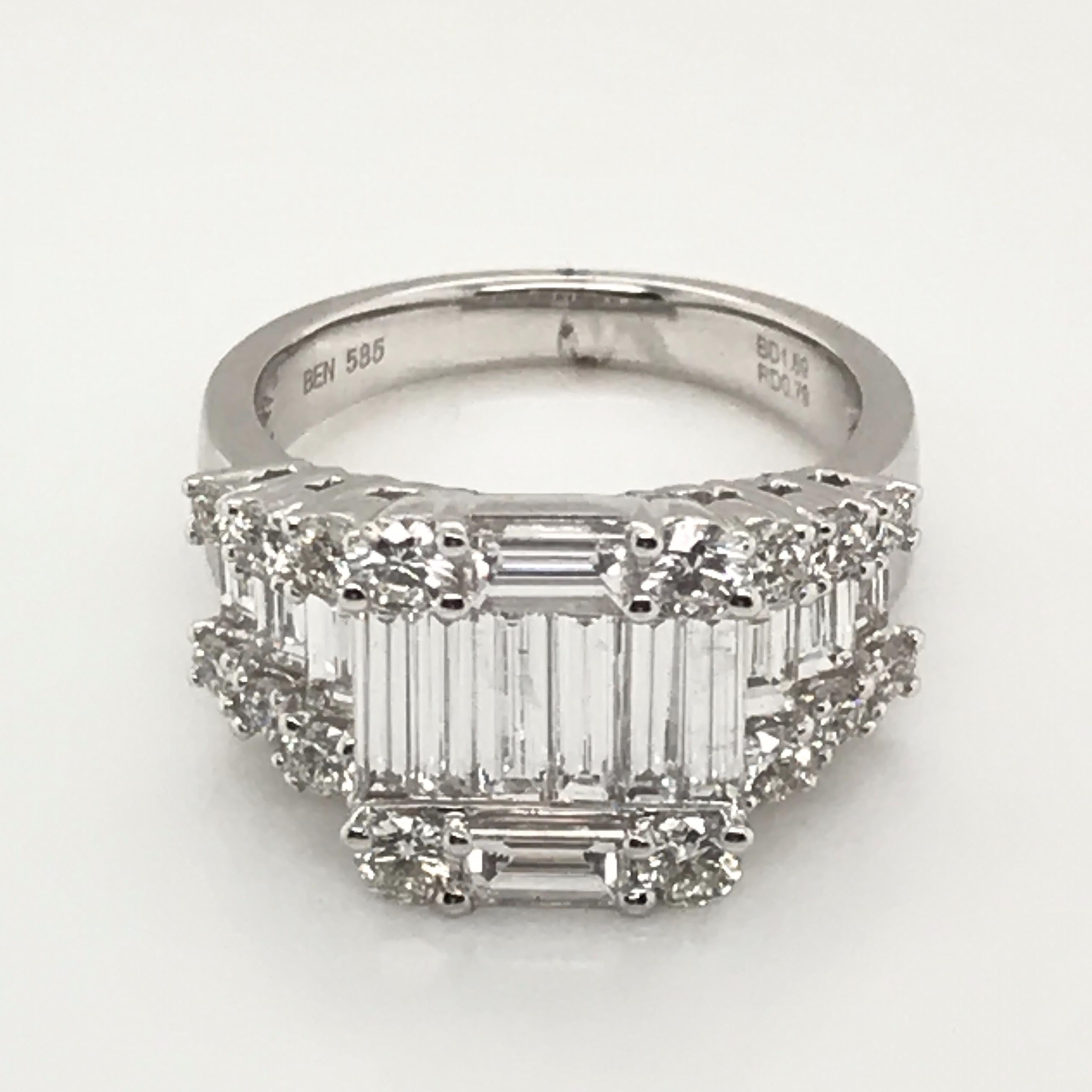 HJN Inc. Ring featuring a Baguette and Round Diamond Ring

Round-Cut Diamond Weight: 2.54 Carats

Total Stones: 30
Clarity Grade: SI1
Color Grade: H
Total Diamond Weight: 2.54 Carats
Polish and Symmetry: Very Good
Style Number: KV2180DWG