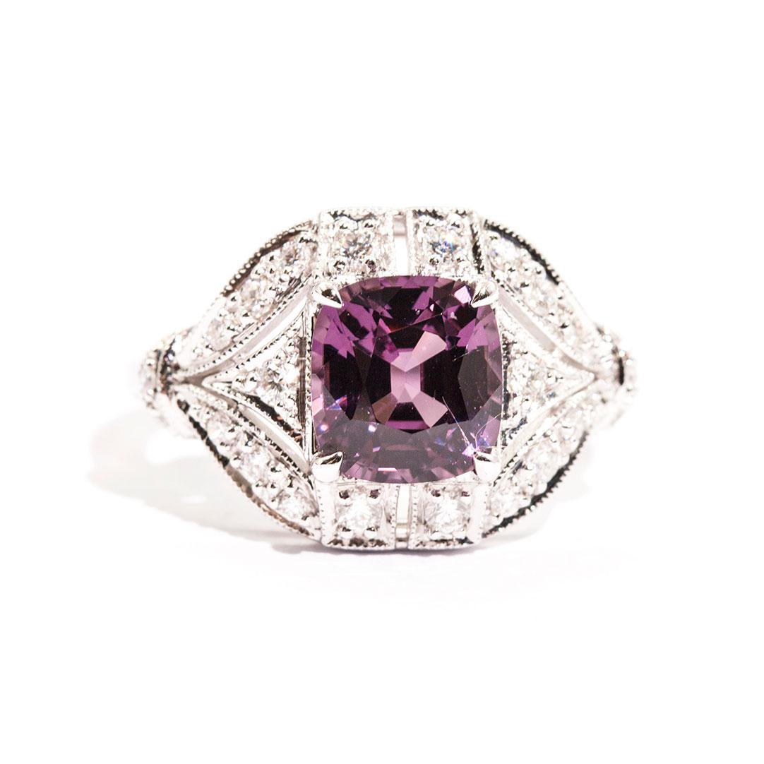 2.54 Carat Cushion Cut Spinel and Diamond 18 Carat White Gold Cluster Ring For Sale 6