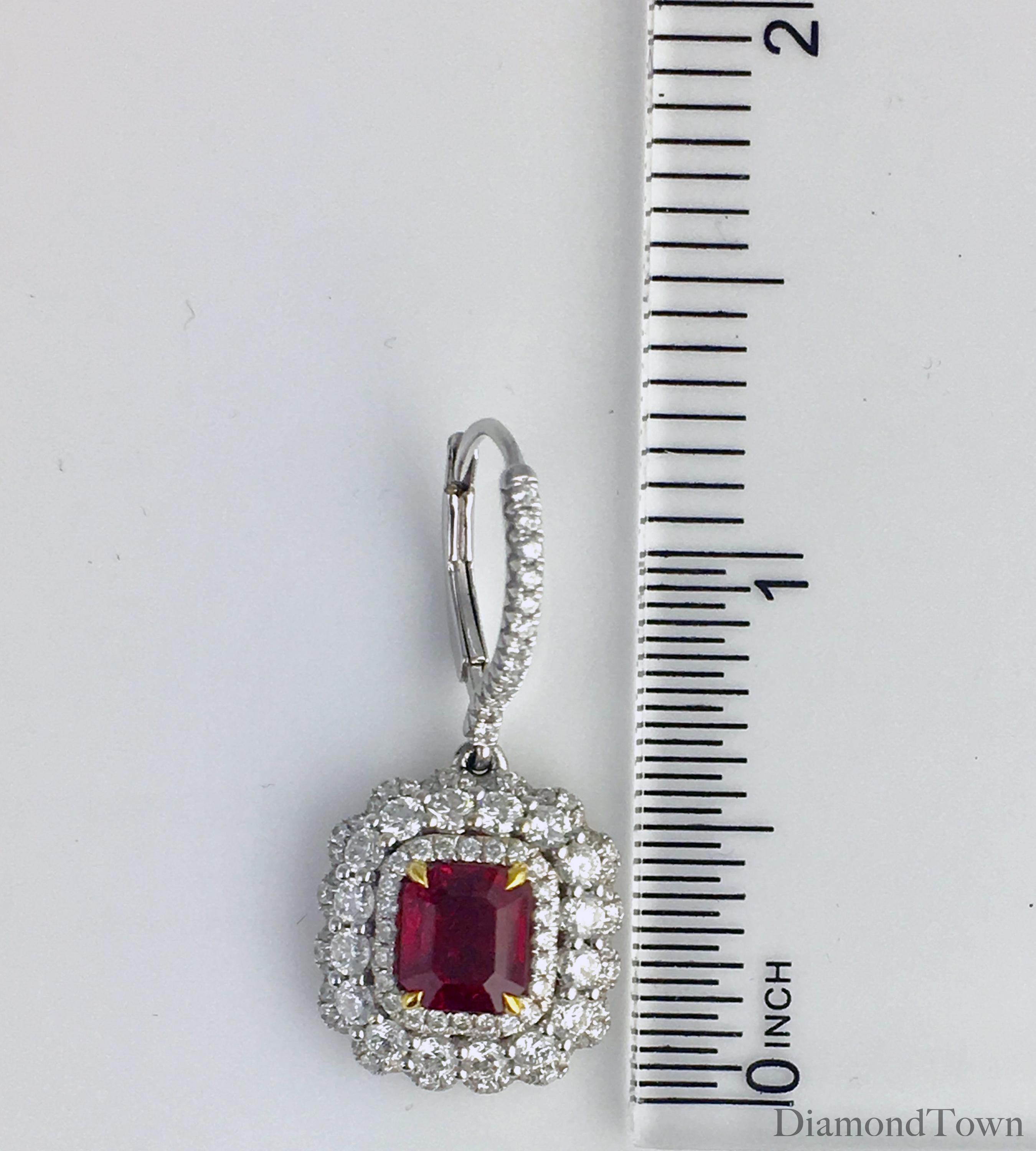 2.54 Carat Emerald Cut Fine Ruby and 2.00 Carat Diamond Drop Halo Earring ref753 In New Condition For Sale In New York, NY