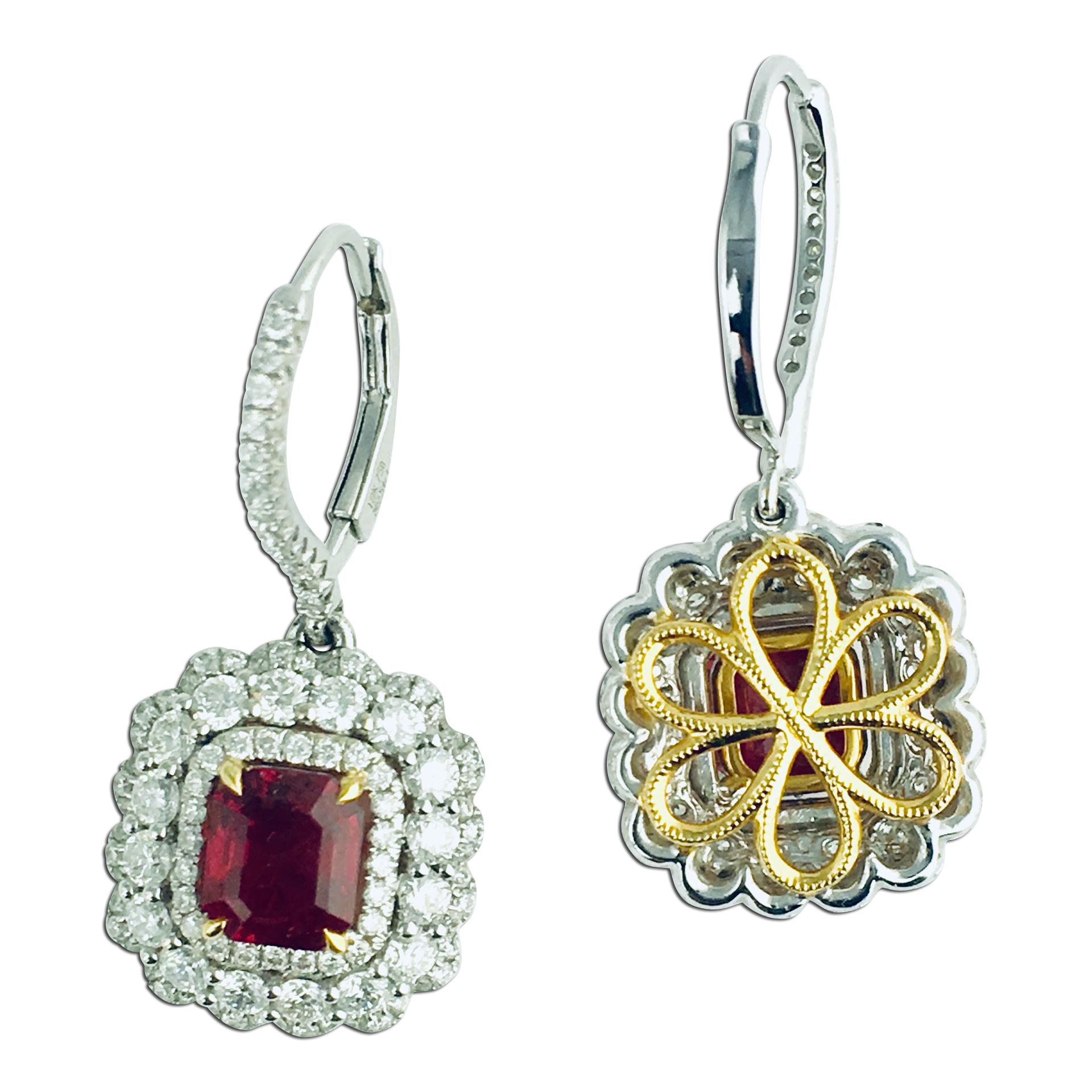 Women's 2.54 Carat Emerald Cut Fine Ruby and 2.00 Carat Diamond Drop Halo Earring ref753 For Sale