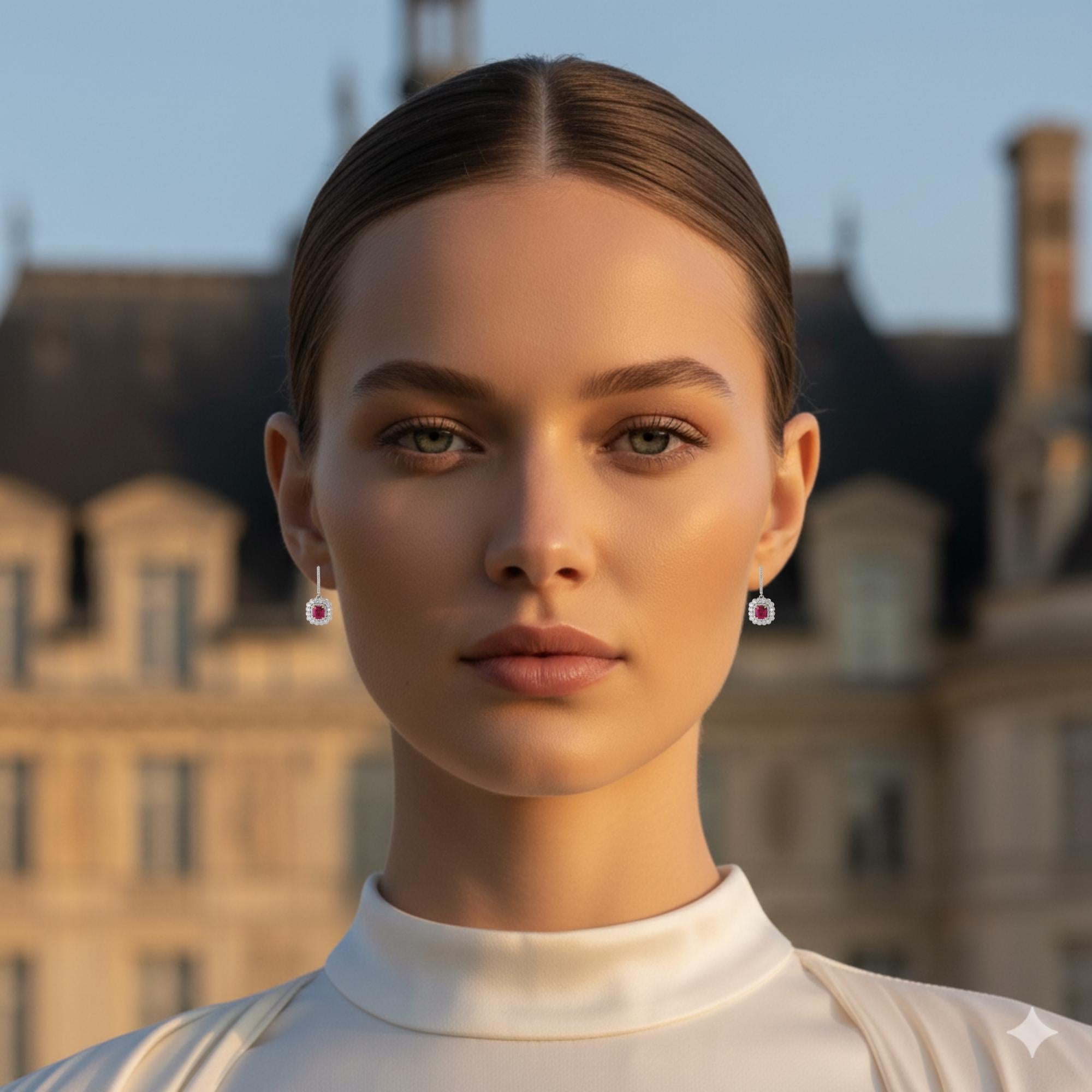 Boucles d'oreilles pendantes halo en rubis fin taille émeraude de 2,54 carats et diamants de 2,00 carats ref753 en vente 1