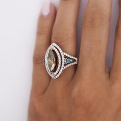 2.54 Carat Green Marquise & Blue Baguette Diamond Double Halo Openwork Ring