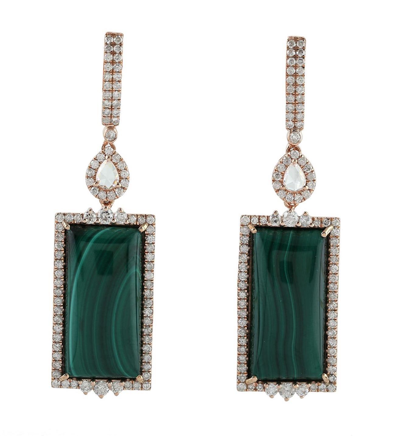 Emerald Cut 25.4 Carat Malachite Diamond 18 Karat Gold Earrings For Sale