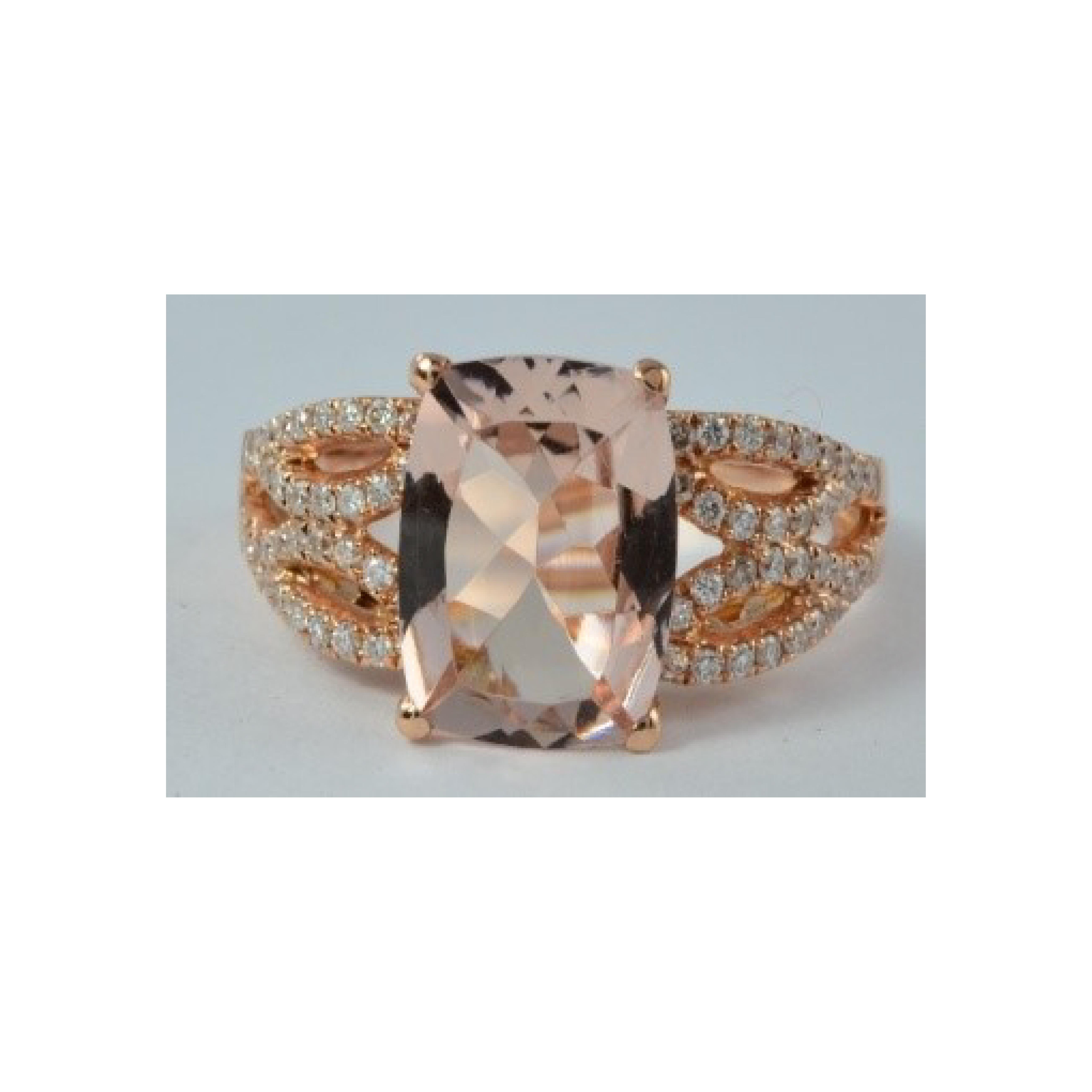 This collection features an array of magnificent morganites! Accented with Diamond these rings are made in rose gold and present a classic yet elegant look. 

Classic morganite ring in 18K Rose gold with Diamond. 

Morganite: 2.54 carat, 10X8mm