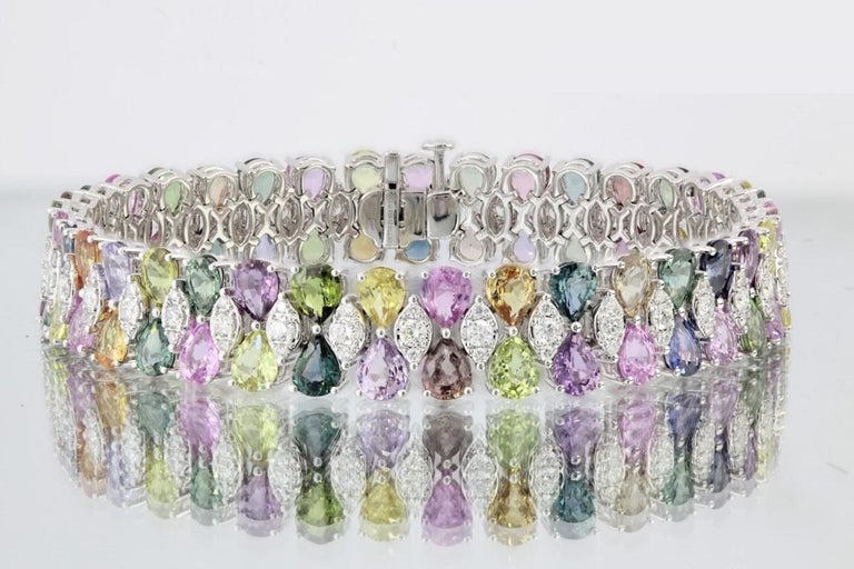 Pear Cut 25.4 Carat Multicolor Pear Sapphire and Diamond Bracelet in 18k White Gold For Sale