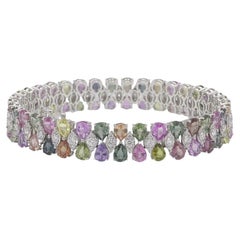 25.4 Carat Multicolor Pear Sapphire and Diamond Bracelet in 18k White Gold