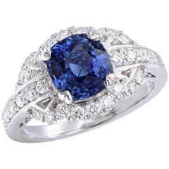 2.54 Carat Natural Blue Cushion Cut Sapphire and Diamond Cocktail Ring 18kt W/G