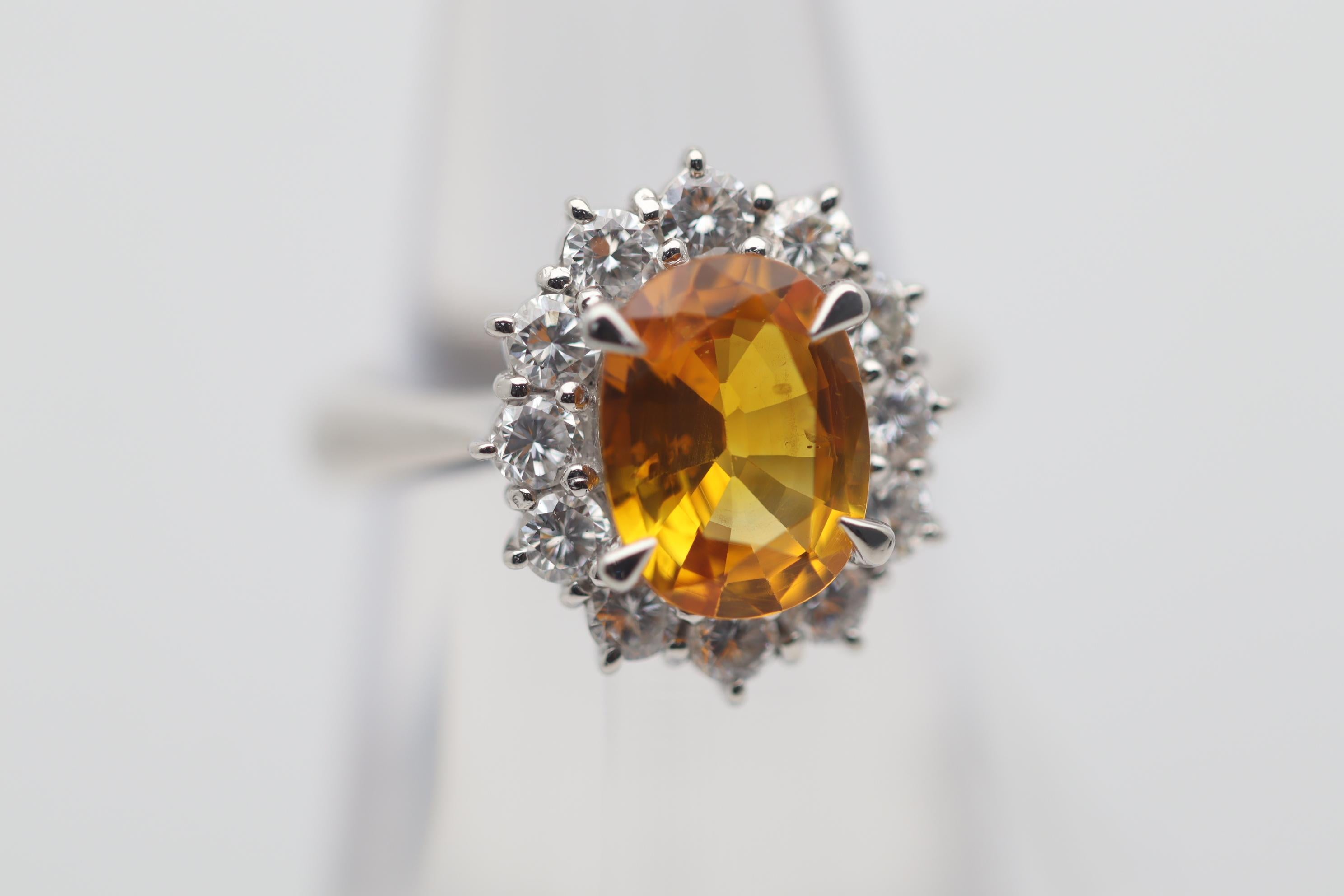 Oval Cut 2.54 Carat Orange Sapphire Diamond Platinum Ring For Sale