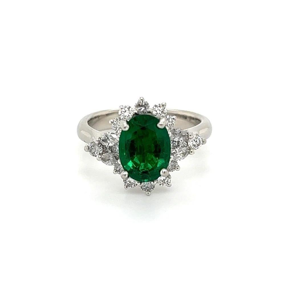Oval Cut 2.54 Carat Oval Green Emerald GIA and Diamond Vintage Platinum Ring For Sale