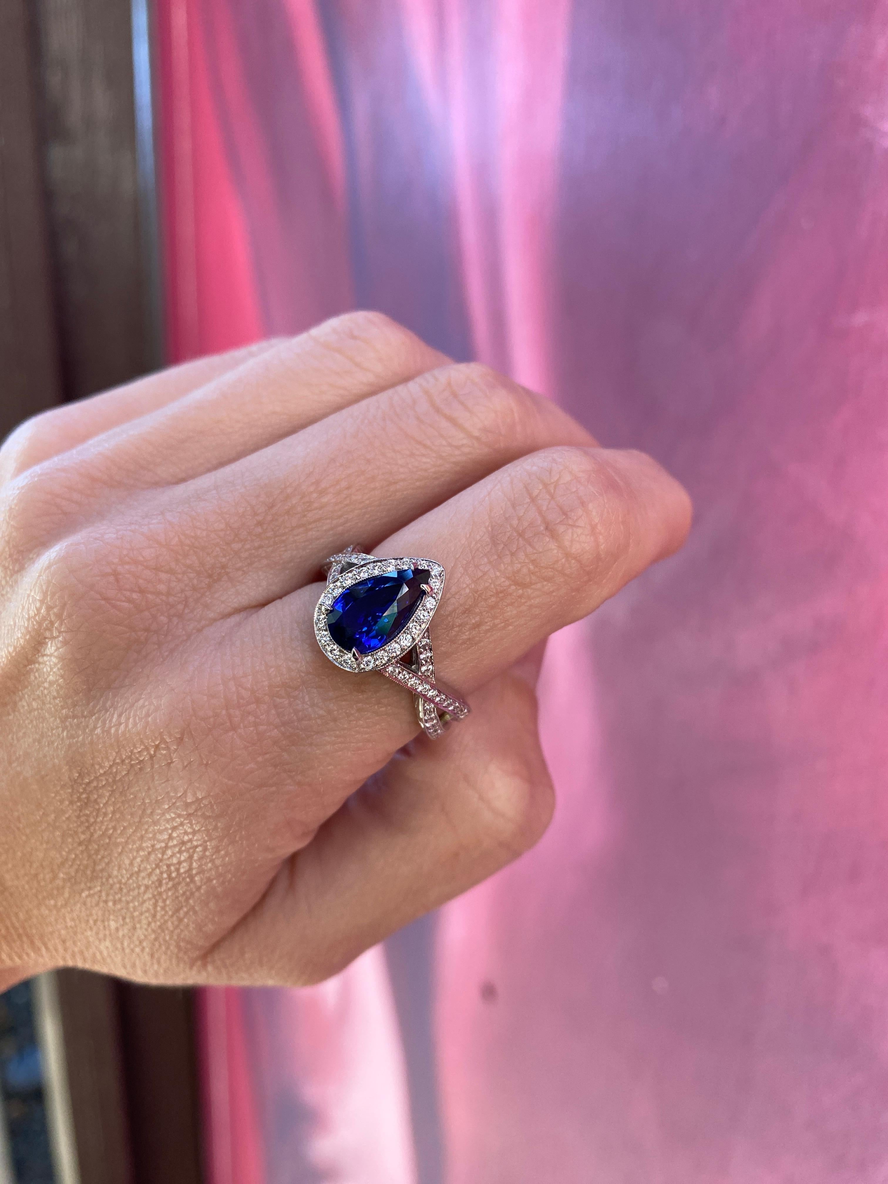 2.54 Carat Pear Shaped Natural Blue Sapphire & Diamond Ring For Sale 6