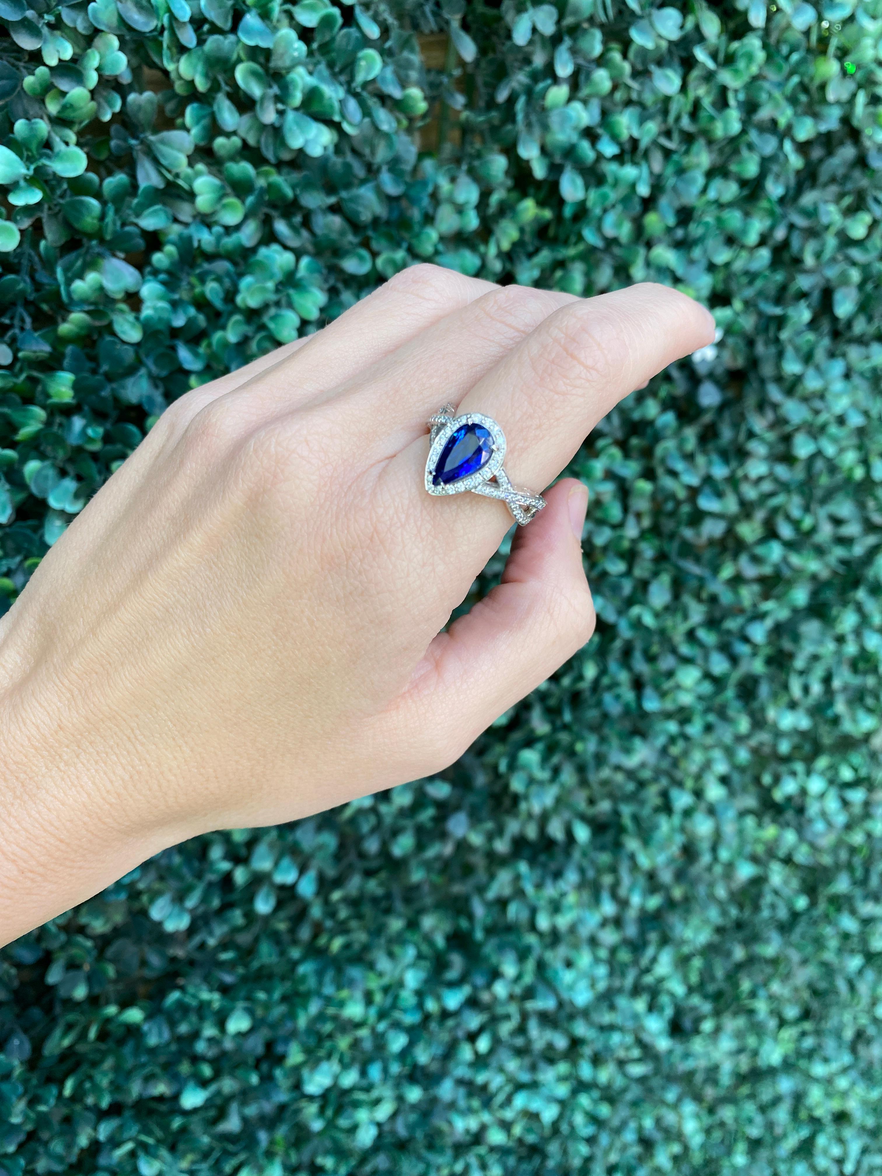 2.54 Carat Pear Shaped Natural Blue Sapphire & Diamond Ring For Sale 9