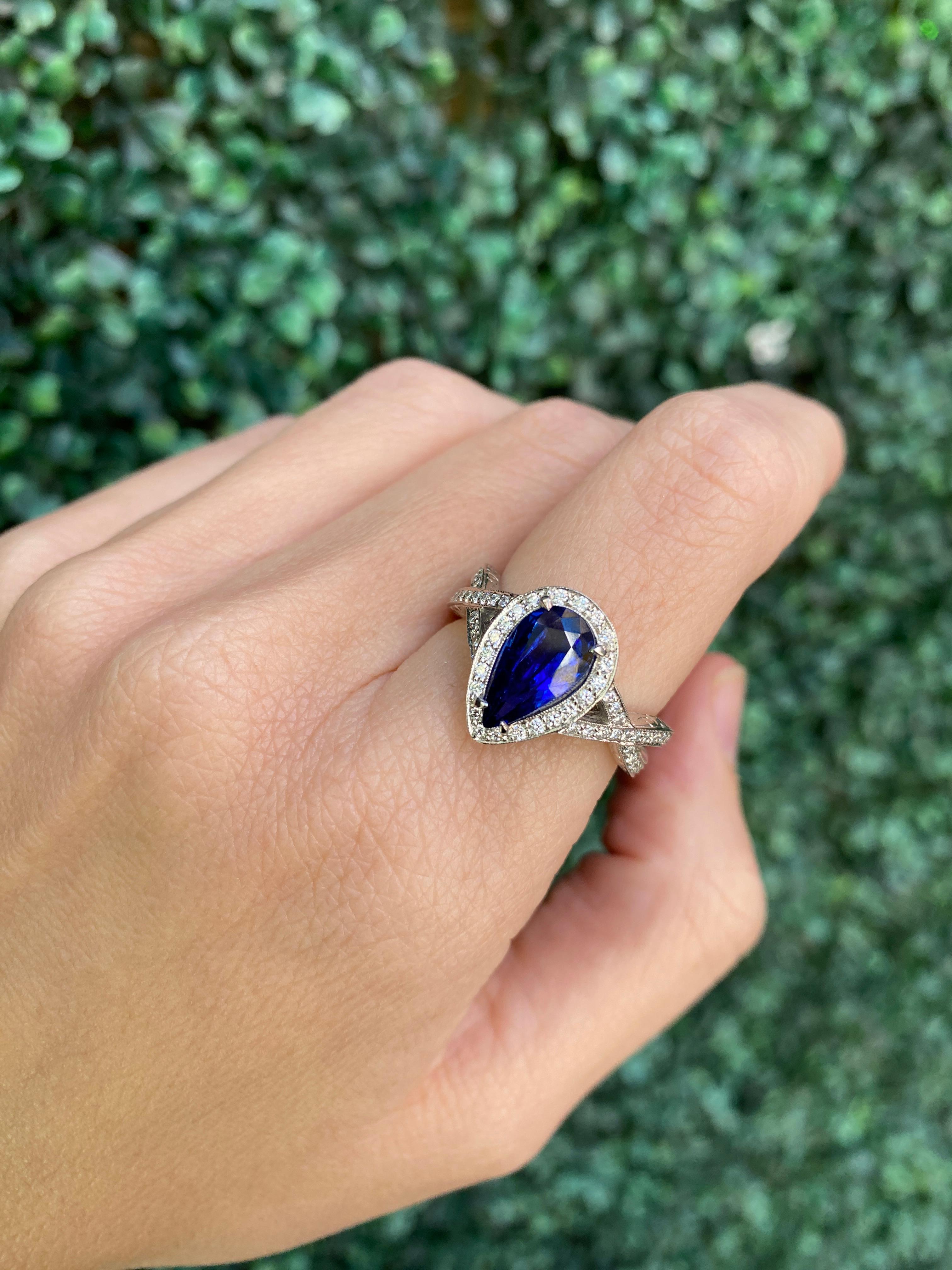 2.54 Carat Pear Shaped Natural Blue Sapphire & Diamond Ring For Sale 12